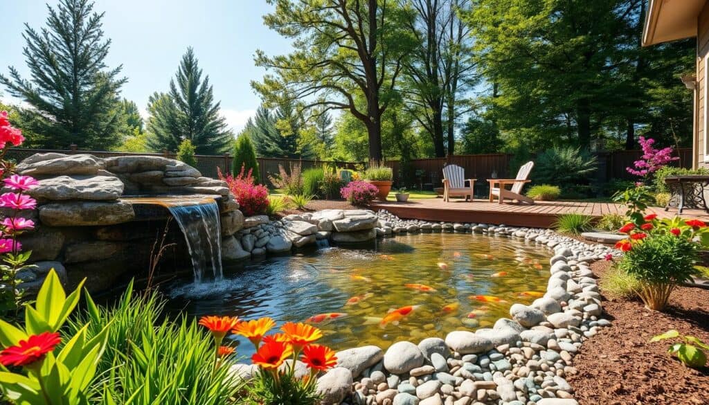 A serene side yard water feature designed to enhance an outdoor space, featuring a small, gently flowing stone waterfall cascading into a clear pond filled with colorful koi fish. In the foreground, lush green plants and vibrant flowers bloom around the water’s edge, creating a vivid contrast. The middle ground showcases the pond surrounded by smooth pebbles, with a rustic wooden deck nestled nearby for seating. The background is filled with tall, leafy trees against a soft blue sky, allowing bright sunlight to filter through, casting playful reflections on the water. The atmosphere is tranquil and inviting, evoking a sense of peaceful retreat. The image is captured at a slightly elevated angle for depth, emphasizing the beauty of the harmonious garden landscape. A serene side yard water feature designed to enhance an outdoor space, featuring a small, gently flowing stone waterfall cascading into a clear pond filled with colorful koi fish. In the foreground, lush green plants and vibrant flowers bloom around the water’s edge, creating a vivid contrast. The middle ground showcases the pond surrounded by smooth pebbles, with a rustic wooden deck nestled nearby for seating. The background is filled with tall, leafy trees against a soft blue sky, allowing bright sunlight to filter through, casting playful reflections on the water. The atmosphere is tranquil and inviting, evoking a sense of peaceful retreat. The image is captured at a slightly elevated angle for depth, emphasizing the beauty of the harmonious garden landscape.