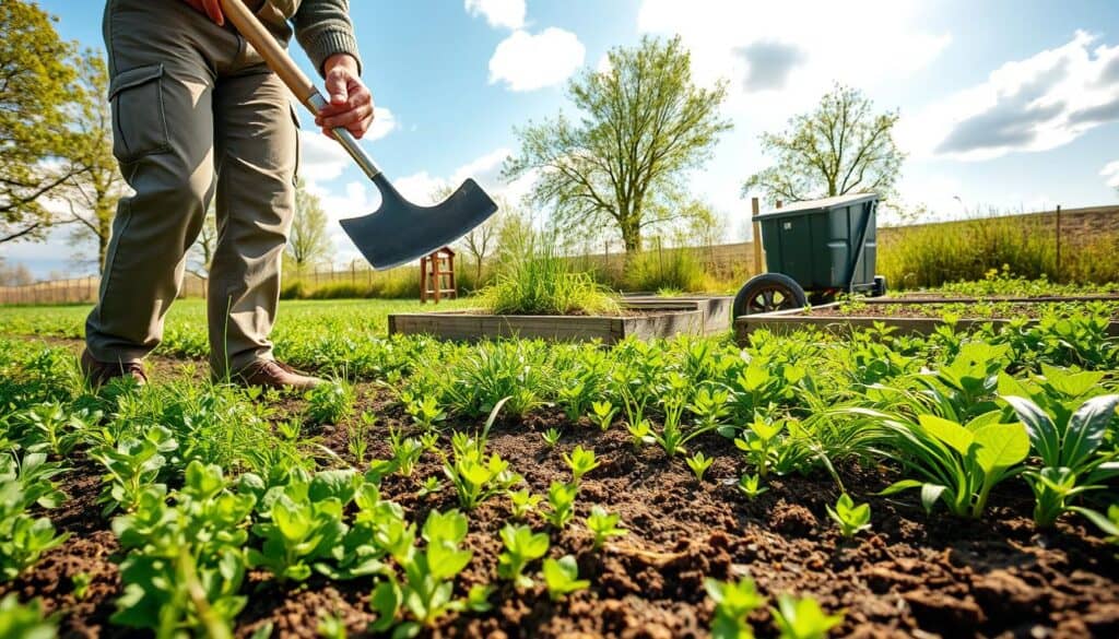 A serene spring landscape showcasing the process of terminating cover crops in a no-till garden. In the foreground, a diverse array of lush cover crops, such as clover and rye, are being gently cut with a handheld sickle by a farmer in modest, professional attire. The middle ground features raised garden beds, rich with the remaining green biomass, and a small compost bin nearby, hinting at sustainable practices. The background reveals a bright blue sky with soft, fluffy clouds and sunlight filtering through leafy trees, creating a warm, inviting atmosphere. The scene is captured at a slight angle, emphasizing the textures of the soil and plants, while maintaining a well-lit, airy feel, enhancing the overall sense of a thriving, eco-friendly garden. A serene spring landscape showcasing the process of terminating cover crops in a no-till garden. In the foreground, a diverse array of lush cover crops, such as clover and rye, are being gently cut with a handheld sickle by a farmer in modest, professional attire. The middle ground features raised garden beds, rich with the remaining green biomass, and a small compost bin nearby, hinting at sustainable practices. The background reveals a bright blue sky with soft, fluffy clouds and sunlight filtering through leafy trees, creating a warm, inviting atmosphere. The scene is captured at a slight angle, emphasizing the textures of the soil and plants, while maintaining a well-lit, airy feel, enhancing the overall sense of a thriving, eco-friendly garden.