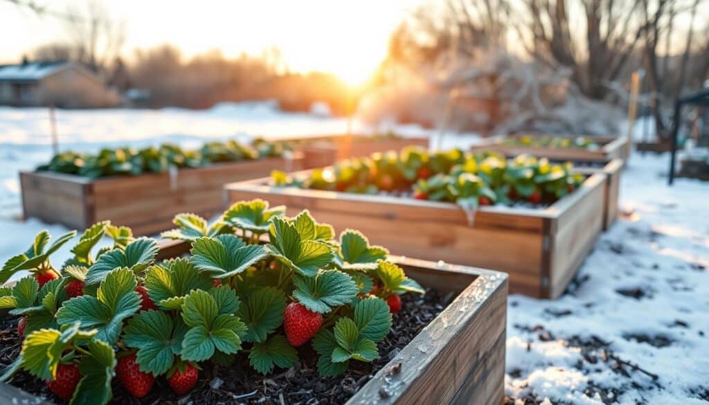 A serene winter scene showcasing raised beds filled with overwintering strawberries. In the foreground, vibrant green strawberry plants, resilient even in the cold, are nestled within snug wooden raised beds. The middle ground features frost-kissed leaves and mulch for insulation, capturing the essence of winter protection. Surrounding the beds, a soft blanket of snow adds texture and contrast, while delicate icicles hang from the edges of the beds. In the background, a gentle sunrise bathes the scene in warm, soft sunlight, illuminating the frost and casting long, soft shadows. The atmosphere is peaceful and hopeful, evoking the promise of spring harvests to come. The overall composition invites the viewer to appreciate the quiet beauty of winter gardening. A serene winter scene showcasing raised beds filled with overwintering strawberries. In the foreground, vibrant green strawberry plants, resilient even in the cold, are nestled within snug wooden raised beds. The middle ground features frost-kissed leaves and mulch for insulation, capturing the essence of winter protection. Surrounding the beds, a soft blanket of snow adds texture and contrast, while delicate icicles hang from the edges of the beds. In the background, a gentle sunrise bathes the scene in warm, soft sunlight, illuminating the frost and casting long, soft shadows. The atmosphere is peaceful and hopeful, evoking the promise of spring harvests to come. The overall composition invites the viewer to appreciate the quiet beauty of winter gardening.