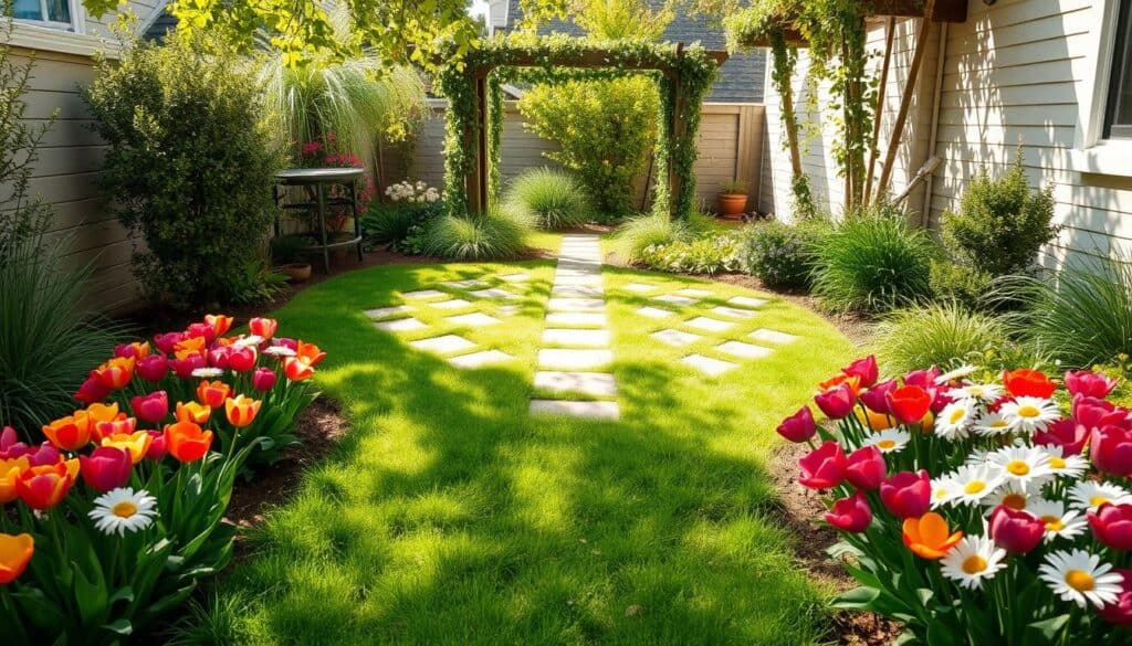 A small backyard featuring beautifully landscaped diagonal paths that create an illusion of depth and space. In the foreground, lush green grass flanks the paths, with brightly colored flower beds bursting with tulips and daisies, adding vibrancy. The middle ground showcases neatly arranged stone pavers leading through the yard, bordered by small shrubs and ornamental grasses that guide the eye. In the background, a wooden trellis laden with climbing vines creates a charming focal point. Soft sunlight filters through the leaves, casting playful shadows on the ground. The scene evokes a serene and inviting atmosphere, perfect for relaxation, captured from a slightly elevated angle to enhance perspective. A small backyard featuring beautifully landscaped diagonal paths that create an illusion of depth and space. In the foreground, lush green grass flanks the paths, with brightly colored flower beds bursting with tulips and daisies, adding vibrancy. The middle ground showcases neatly arranged stone pavers leading through the yard, bordered by small shrubs and ornamental grasses that guide the eye. In the background, a wooden trellis laden with climbing vines creates a charming focal point. Soft sunlight filters through the leaves, casting playful shadows on the ground. The scene evokes a serene and inviting atmosphere, perfect for relaxation, captured from a slightly elevated angle to enhance perspective.