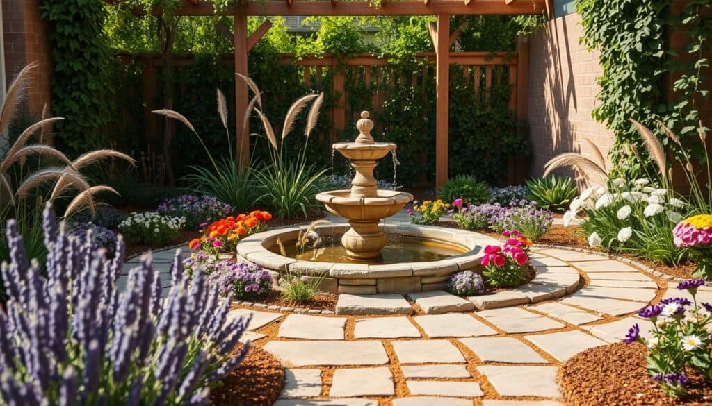 A small, enchanting garden designed with strategic focal points. In the foreground, a neatly paved stone path leads to a central circular seating area surrounded by vibrant flower beds with colorful blooms—including lavender, daisies, and hydrangeas. The middle ground features a serene water fountain made of rustic stone, gently cascading water that sparkles in the soft sunlight. Ornamental grasses sway gently, adding texture and movement. In the background, a wooden trellis covered with climbing vines frames the scene, creating a sense of depth. The atmosphere is tranquil and inviting, bathed in warm, natural light that emphasizes the lush greenery. The scene is portrayed from a slightly elevated angle, capturing the harmonious layout and inviting ambiance of this small garden oasis. A small, enchanting garden designed with strategic focal points. In the foreground, a neatly paved stone path leads to a central circular seating area surrounded by vibrant flower beds with colorful blooms—including lavender, daisies, and hydrangeas. The middle ground features a serene water fountain made of rustic stone, gently cascading water that sparkles in the soft sunlight. Ornamental grasses sway gently, adding texture and movement. In the background, a wooden trellis covered with climbing vines frames the scene, creating a sense of depth. The atmosphere is tranquil and inviting, bathed in warm, natural light that emphasizes the lush greenery. The scene is portrayed from a slightly elevated angle, capturing the harmonious layout and inviting ambiance of this small garden oasis.
