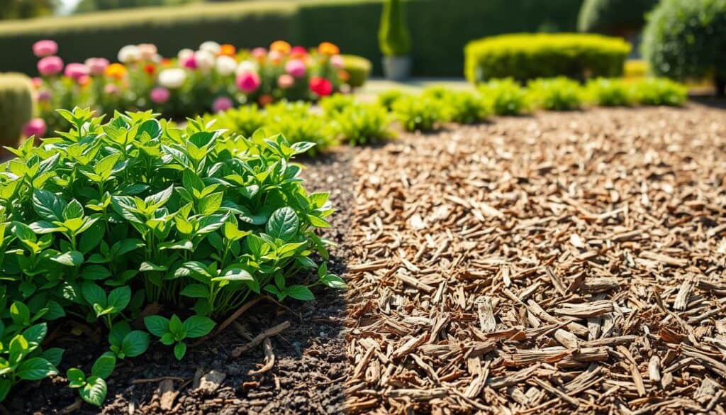 A split-image comparison showcasing living mulch on one side and traditional mulch on the other. In the foreground, vibrant green living mulch plants with lush foliage, displaying various textures and colors, thriving and flourishing. On the opposite side, neatly laid traditional mulch, featuring brown shredded bark and wood chips, arranged evenly, highlighting its dry, crisp appearance. In the middle ground, a healthy garden bed demonstrates the contrasting benefits, with visible soil and plant roots in both sections. The background features a soft-focus blur of flowering plants and hedges under bright, natural sunlight. The overall mood is educational and inviting, with an emphasis on nurturing growth and the benefits of mulching techniques. The image captures a well-maintained garden atmosphere, emphasizing the beauty and functionality of both mulch types. A split-image comparison showcasing living mulch on one side and traditional mulch on the other. In the foreground, vibrant green living mulch plants with lush foliage, displaying various textures and colors, thriving and flourishing. On the opposite side, neatly laid traditional mulch, featuring brown shredded bark and wood chips, arranged evenly, highlighting its dry, crisp appearance. In the middle ground, a healthy garden bed demonstrates the contrasting benefits, with visible soil and plant roots in both sections. The background features a soft-focus blur of flowering plants and hedges under bright, natural sunlight. The overall mood is educational and inviting, with an emphasis on nurturing growth and the benefits of mulching techniques. The image captures a well-maintained garden atmosphere, emphasizing the beauty and functionality of both mulch types.