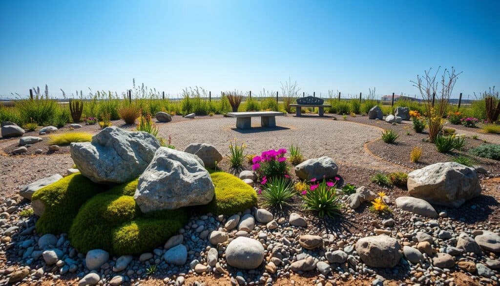 A stunning and creative rock garden design on a level ground landscape, featuring an array of textured stones, smooth pebbles, and a variety of vibrant succulents and flowering plants. In the foreground, showcase a cluster of uniquely shaped boulders surrounded by soft moss and colorful wildflowers. The middle ground displays a harmoniously arranged layout of gravel paths meandering through the garden, leading to a focal point of a decorative stone bench. In the background, gentle greenery creates a natural backdrop under bright, soft sunlight, casting delicate shadows that enhance the depth. The mood is serene and inviting, ideal for relaxation and contemplation. Capture this scene from a slightly elevated angle to emphasize the garden's unique design elements and textures, with a clear blue sky above for an airy feel. A stunning and creative rock garden design on a level ground landscape, featuring an array of textured stones, smooth pebbles, and a variety of vibrant succulents and flowering plants. In the foreground, showcase a cluster of uniquely shaped boulders surrounded by soft moss and colorful wildflowers. The middle ground displays a harmoniously arranged layout of gravel paths meandering through the garden, leading to a focal point of a decorative stone bench. In the background, gentle greenery creates a natural backdrop under bright, soft sunlight, casting delicate shadows that enhance the depth. The mood is serene and inviting, ideal for relaxation and contemplation. Capture this scene from a slightly elevated angle to emphasize the garden's unique design elements and textures, with a clear blue sky above for an airy feel.