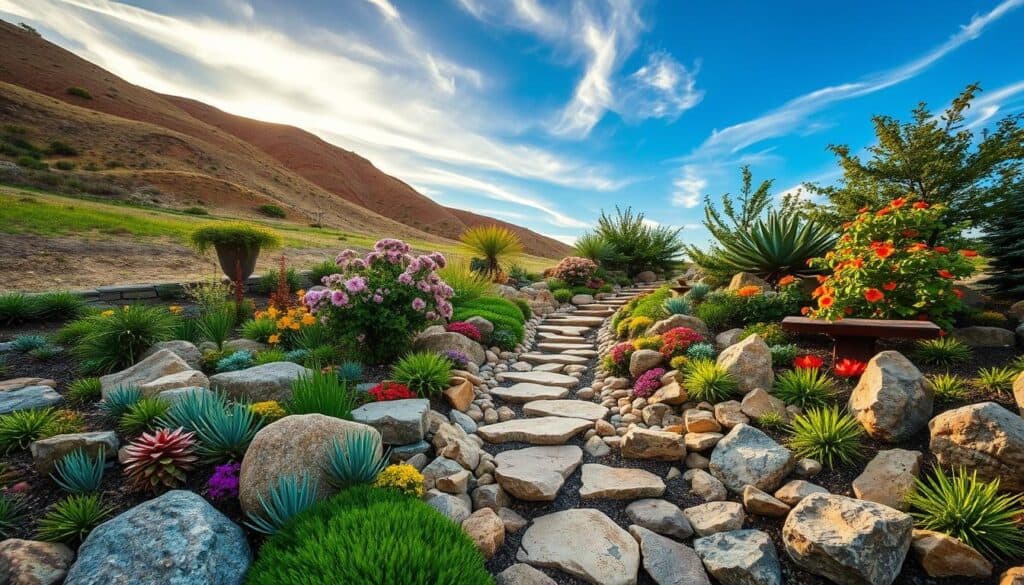 A stunning rock garden set against a gently sloping hillside, showcasing a harmonious blend of vibrant plants and natural stones. In the foreground, various colorful succulents and hardy perennials intermingle with a variety of textured rocks, creating visual interest. The middle ground features a carefully arranged stone pathway that invites exploration, framed by flowering shrubs and small trees. The background displays a serene, blue sky with wispy clouds, highlighted by soft, warm sunlight filtering through the leaves, casting gentle shadows on the ground. The scene evokes a tranquil and inviting atmosphere, perfect for illustrating the versatility of rock gardens in transforming any space. The angle is slightly elevated to capture the expansive layout, emphasizing both structure and natural beauty. A stunning rock garden set against a gently sloping hillside, showcasing a harmonious blend of vibrant plants and natural stones. In the foreground, various colorful succulents and hardy perennials intermingle with a variety of textured rocks, creating visual interest. The middle ground features a carefully arranged stone pathway that invites exploration, framed by flowering shrubs and small trees. The background displays a serene, blue sky with wispy clouds, highlighted by soft, warm sunlight filtering through the leaves, casting gentle shadows on the ground. The scene evokes a tranquil and inviting atmosphere, perfect for illustrating the versatility of rock gardens in transforming any space. The angle is slightly elevated to capture the expansive layout, emphasizing both structure and natural beauty.
