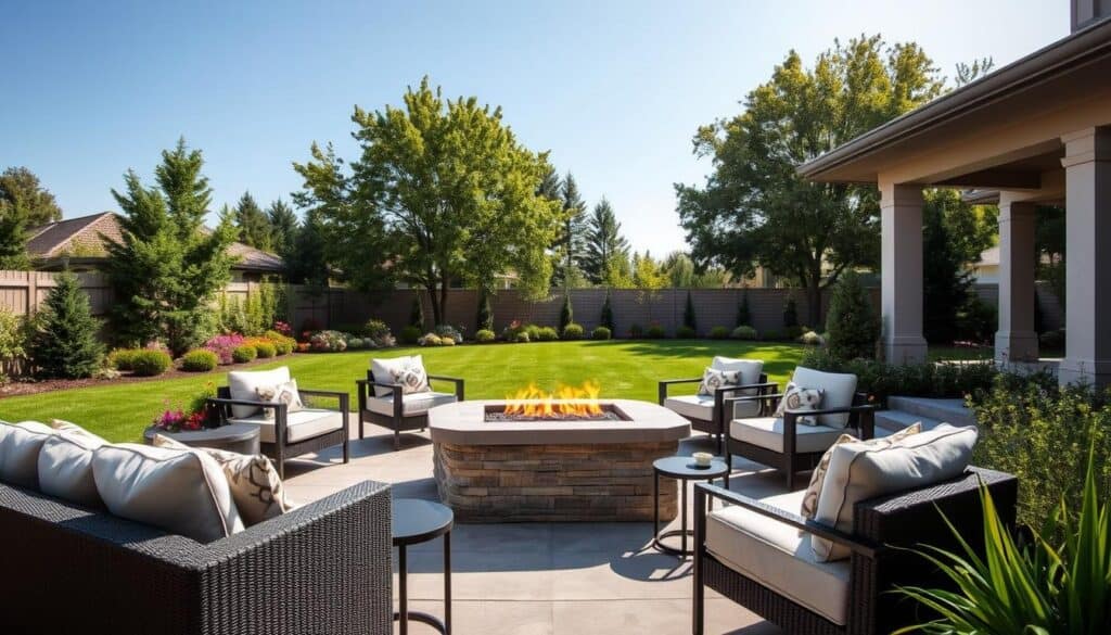 A stylish backyard featuring a modern fire pit as the focal point, surrounded by elegant seating arrangements like plush outdoor sofas and chic armchairs. The fire pit is built from natural stone with a sleek design, emanating warm, inviting flames that softly illuminate the space. In the foreground, decorative cushions and small side tables are set up around the fire pit, creating a cozy atmosphere. The middle ground showcases a well-manicured lawn and colorful flowering plants, while the background reveals lush green trees and a clear blue sky, bathed in bright natural light. Capture this scene from a slightly elevated angle, highlighting the inviting ambiance and the integration of landscaping elements, evoking a relaxed and stylish outdoor retreat. Ensure the composition is airy and well-lit, emphasizing the warmth and allure of the fire feature. A stylish backyard featuring a modern fire pit as the focal point, surrounded by elegant seating arrangements like plush outdoor sofas and chic armchairs. The fire pit is built from natural stone with a sleek design, emanating warm, inviting flames that softly illuminate the space. In the foreground, decorative cushions and small side tables are set up around the fire pit, creating a cozy atmosphere. The middle ground showcases a well-manicured lawn and colorful flowering plants, while the background reveals lush green trees and a clear blue sky, bathed in bright natural light. Capture this scene from a slightly elevated angle, highlighting the inviting ambiance and the integration of landscaping elements, evoking a relaxed and stylish outdoor retreat. Ensure the composition is airy and well-lit, emphasizing the warmth and allure of the fire feature.