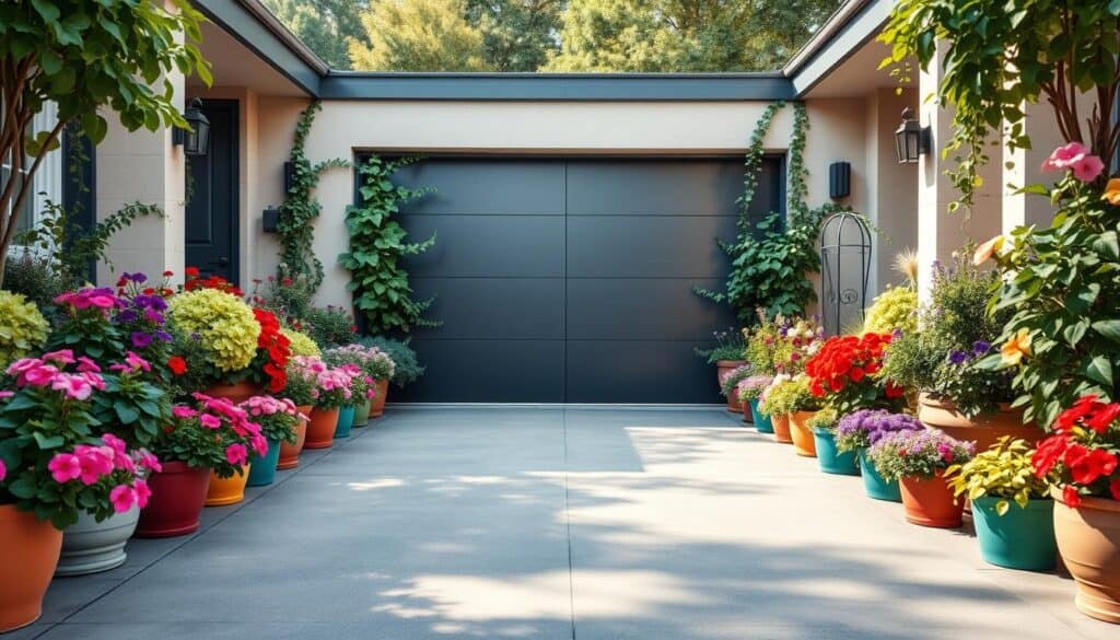 A stylish garage door framed by vibrant potted plants, creating a fresh and inviting atmosphere. In the foreground, a variety of colorful pots filled with lush greenery and seasonal flowers, such as geraniums and petunias, arranged symmetrically. The middle section features a modern, vertical garage door with a sleek design, complemented by climbing vines peeking from the sides. In the background, soft sunlight streams through trees, casting gentle shadows on the driveway. The scene evokes a cheerful, welcoming mood, ideal for enhancing curb appeal. Captured at eye level with bright, natural light to highlight the textures of the plants and the door, creating an ideal combination of home décor and nature. A stylish garage door framed by vibrant potted plants, creating a fresh and inviting atmosphere. In the foreground, a variety of colorful pots filled with lush greenery and seasonal flowers, such as geraniums and petunias, arranged symmetrically. The middle section features a modern, vertical garage door with a sleek design, complemented by climbing vines peeking from the sides. In the background, soft sunlight streams through trees, casting gentle shadows on the driveway. The scene evokes a cheerful, welcoming mood, ideal for enhancing curb appeal. Captured at eye level with bright, natural light to highlight the textures of the plants and the door, creating an ideal combination of home décor and nature.