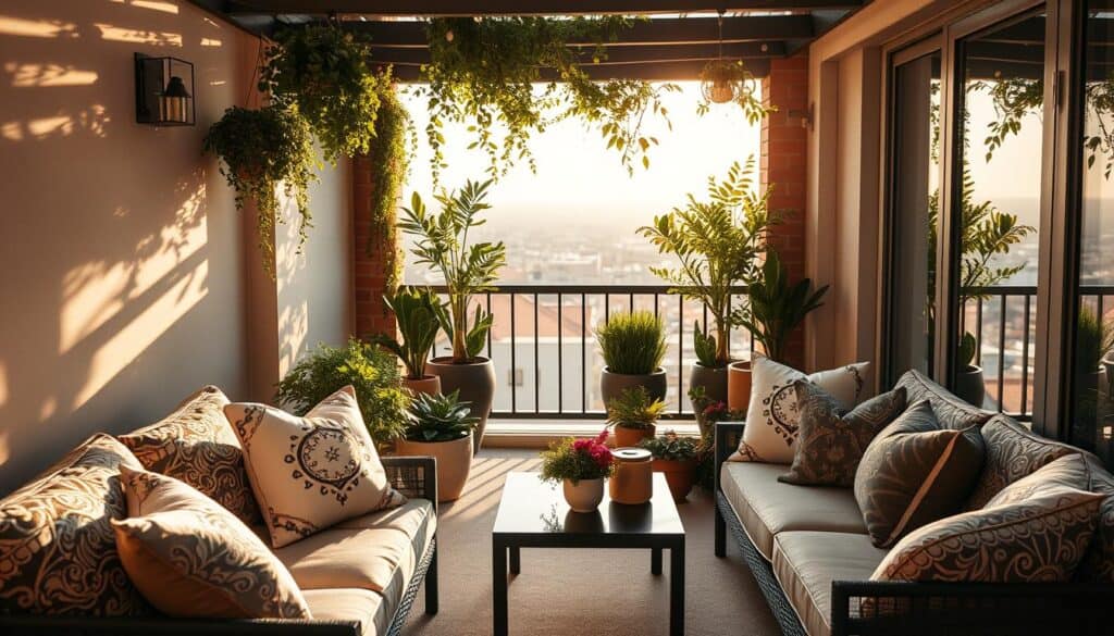 A stylish small balcony adorned with sophisticated outdoor textiles and decor. In the foreground, a cozy seating area features plush cushions in rich, textured fabrics with elegant patterns, complemented by a modern coffee table. The middle showcases potted plants and hanging greenery that add a touch of nature, while atmospheric string lights twinkle softly overhead, enhancing the inviting ambiance. In the background, a view of a cityscape is visible, bathed in warm, soft sunlight that creates a serene and luxurious atmosphere. The scene is well-composed with a shallow depth of field, highlighting the design elements while evoking a peaceful, stylish retreat perfect for enjoying outdoor moments. A stylish small balcony adorned with sophisticated outdoor textiles and decor. In the foreground, a cozy seating area features plush cushions in rich, textured fabrics with elegant patterns, complemented by a modern coffee table. The middle showcases potted plants and hanging greenery that add a touch of nature, while atmospheric string lights twinkle softly overhead, enhancing the inviting ambiance. In the background, a view of a cityscape is visible, bathed in warm, soft sunlight that creates a serene and luxurious atmosphere. The scene is well-composed with a shallow depth of field, highlighting the design elements while evoking a peaceful, stylish retreat perfect for enjoying outdoor moments.