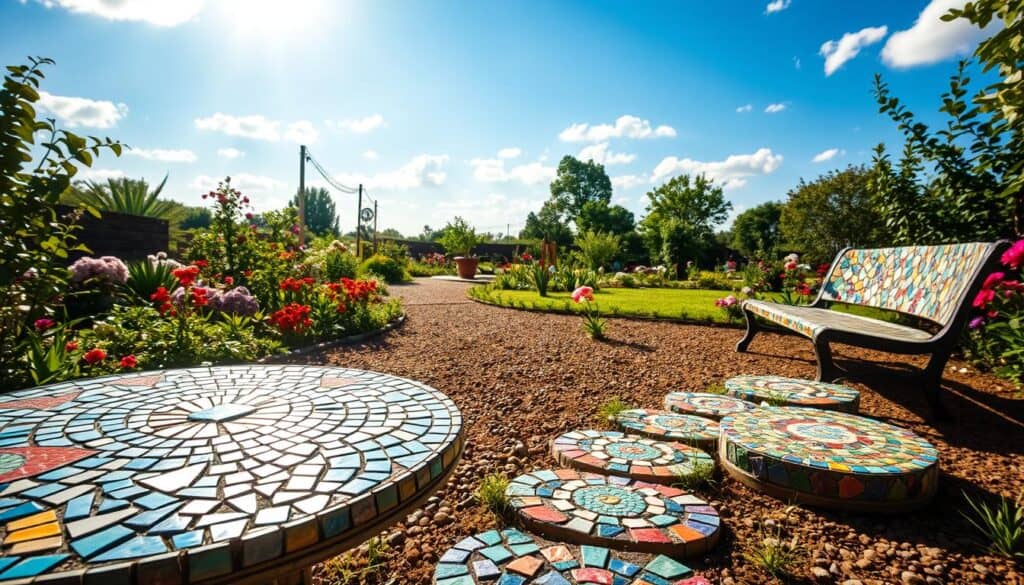 A sunlit garden scene showcasing advanced techniques for intricate mosaic yard art. In the foreground, an expression of craftsmanship features a vibrant mosaic table and detailed stepping stones, adorned with a variety of colorful tiles and glass pieces, creating a mesmerizing pattern. The middle ground reveals a lush garden filled with flowering plants and greenery, intersected by a gravel path leading to a mosaic bench. The background captures a serene blue sky with gentle white clouds, bathing the scene in soft sunlight, enhancing the textures of the mosaic pieces. The atmosphere is inviting and artistic, suggesting a peaceful retreat where creativity flourishes. The image is taken from a slightly elevated angle to showcase the layouts effectively, emphasizing depth and artistry in the mosaic designs. A sunlit garden scene showcasing advanced techniques for intricate mosaic yard art. In the foreground, an expression of craftsmanship features a vibrant mosaic table and detailed stepping stones, adorned with a variety of colorful tiles and glass pieces, creating a mesmerizing pattern. The middle ground reveals a lush garden filled with flowering plants and greenery, intersected by a gravel path leading to a mosaic bench. The background captures a serene blue sky with gentle white clouds, bathing the scene in soft sunlight, enhancing the textures of the mosaic pieces. The atmosphere is inviting and artistic, suggesting a peaceful retreat where creativity flourishes. The image is taken from a slightly elevated angle to showcase the layouts effectively, emphasizing depth and artistry in the mosaic designs.