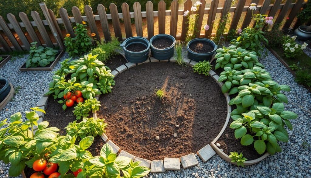 A top-down view of a keyhole garden layout, showcasing circular raised beds filled with vibrant vegetables and herbs, surrounded by gravel pathways for easy access. In the foreground, lush green plants like tomatoes, zucchini, and basil create a colorful and inviting scene, while the middle section features a rich, textured soil and strategically placed compost bins. In the background, a blurred garden fence and a few flowering plants infuse the scene with life, illuminated by soft, warm sunlight filtering through the trees. The atmosphere is serene and harmonious, emphasizing a budget-friendly gardening aesthetic. The image captures the essence of a well-planned backyard garden, promoting sustainable gardening practices in a charming and organized manner. A top-down view of a keyhole garden layout, showcasing circular raised beds filled with vibrant vegetables and herbs, surrounded by gravel pathways for easy access. In the foreground, lush green plants like tomatoes, zucchini, and basil create a colorful and inviting scene, while the middle section features a rich, textured soil and strategically placed compost bins. In the background, a blurred garden fence and a few flowering plants infuse the scene with life, illuminated by soft, warm sunlight filtering through the trees. The atmosphere is serene and harmonious, emphasizing a budget-friendly gardening aesthetic. The image captures the essence of a well-planned backyard garden, promoting sustainable gardening practices in a charming and organized manner.