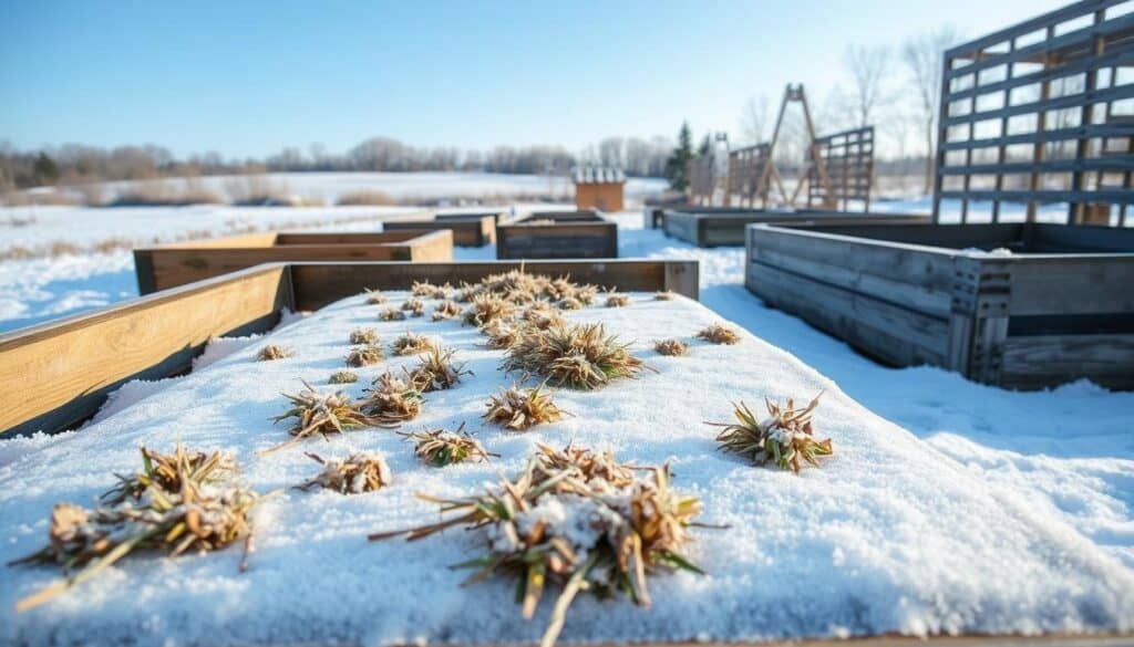 A tranquil winter scene depicting raised garden beds covered with winter kill cover crops, such as rye grass and clover, in various stages of decay. In the foreground, small brown and green clumps of cover crops are scattered across the wooden frame of a raised bed, with a light dusting of frost glistening in the soft winter sunlight. The middle ground features several frost-covered, empty raised beds, showcasing their rustic appeal with weathered wood. In the background, a serene, snowy landscape unfolds under a pale blue sky, with distant trees creating a natural border. The atmosphere is calm and reflective, suggesting the importance of proper winterization techniques. The lighting is bright and airy, capturing the essence of a crisp winter day. A tranquil winter scene depicting raised garden beds covered with winter kill cover crops, such as rye grass and clover, in various stages of decay. In the foreground, small brown and green clumps of cover crops are scattered across the wooden frame of a raised bed, with a light dusting of frost glistening in the soft winter sunlight. The middle ground features several frost-covered, empty raised beds, showcasing their rustic appeal with weathered wood. In the background, a serene, snowy landscape unfolds under a pale blue sky, with distant trees creating a natural border. The atmosphere is calm and reflective, suggesting the importance of proper winterization techniques. The lighting is bright and airy, capturing the essence of a crisp winter day.