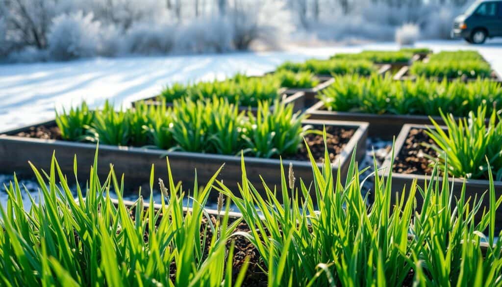 A tranquil winter scene featuring raised beds filled with vibrant winter rye, showcasing the bright green blades of grass. In the foreground, the lush rye plants rise gently, their fine texture and healthy growth contrasting against the earthy, brown soil of the raised beds. The middle ground captures several of these beds arranged in a neat, organized pattern, surrounded by a light layer of frost that glistens in the soft morning sun. In the background, a subtle blur of snow-dusted trees adds depth to the composition, providing a serene, wintry atmosphere. The overall lighting is warm and natural, enhanced by soft sunlight that casts delicate shadows, creating a peaceful, inviting mood for this gardening scene. A tranquil winter scene featuring raised beds filled with vibrant winter rye, showcasing the bright green blades of grass. In the foreground, the lush rye plants rise gently, their fine texture and healthy growth contrasting against the earthy, brown soil of the raised beds. The middle ground captures several of these beds arranged in a neat, organized pattern, surrounded by a light layer of frost that glistens in the soft morning sun. In the background, a subtle blur of snow-dusted trees adds depth to the composition, providing a serene, wintry atmosphere. The overall lighting is warm and natural, enhanced by soft sunlight that casts delicate shadows, creating a peaceful, inviting mood for this gardening scene.