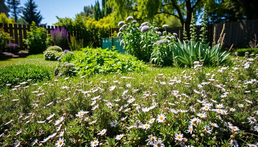 A vibrant and aromatic garden filled with low-maintenance groundcovers and fragrant herbs, creating a stunning landscape. In the foreground, lush patches of creeping thyme and chamomile intermingle, their delicate flowers swaying gently in a soft breeze. In the middle ground, establish a variety of herbal plants like mint, basil, and oregano, with their lush green foliage glistening under bright, natural sunlight. The background features a serene garden setting with hints of a wooden fence and tall, leafy trees, framed by a clear blue sky. Capture the scene using a slightly elevated angle for depth, emphasizing the textures and colors of the plants. The overall mood is refreshing, inviting, and tranquil, showcasing a perfect aromatic oasis in a well-maintained yard.