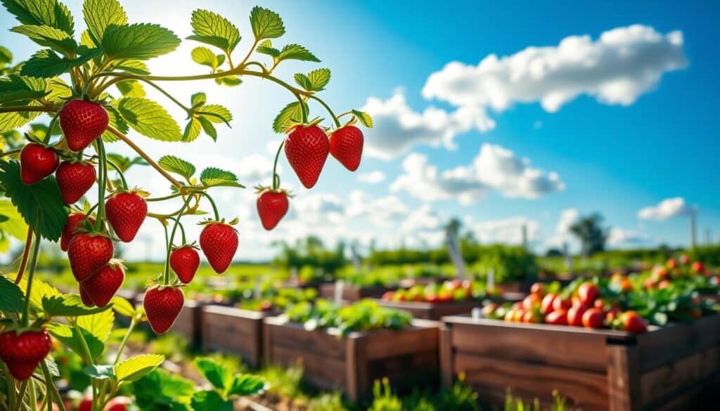 A vibrant and detailed depiction of strawberry cultivation in a raised bed garden. In the foreground, healthy strawberry plants with lush green leaves and plump, ripe red strawberries hang invitingly. The middle ground features neatly arranged raised beds made of rich, dark wood, filled with various strawberry varieties, showcasing their unique shapes and colors. In the background, a bright blue sky dotted with fluffy white clouds filters soft sunlight, casting gentle shadows that enhance the tranquil atmosphere. The scene conveys a sense of summer abundance and joy, ideal for gardening enthusiasts. Ensure the composition is well-lit, emphasizing the freshness of the strawberries, with a focus on the textures and details of the plants, creating a harmonious outdoor landscape. A vibrant and detailed depiction of strawberry cultivation in a raised bed garden. In the foreground, healthy strawberry plants with lush green leaves and plump, ripe red strawberries hang invitingly. The middle ground features neatly arranged raised beds made of rich, dark wood, filled with various strawberry varieties, showcasing their unique shapes and colors. In the background, a bright blue sky dotted with fluffy white clouds filters soft sunlight, casting gentle shadows that enhance the tranquil atmosphere. The scene conveys a sense of summer abundance and joy, ideal for gardening enthusiasts. Ensure the composition is well-lit, emphasizing the freshness of the strawberries, with a focus on the textures and details of the plants, creating a harmonious outdoor landscape.