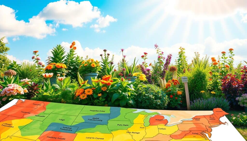 A vibrant and educational depiction of plant hardiness zones designed for beginner gardeners. In the foreground, a colorful, detailed map illustrating various hardiness zones, with colors ranging from deep greens to warm browns, showcasing the temperature ranges for each zone. In the middle ground, a lush garden scene featuring diverse plants, including flowers, vegetables, and shrubs that thrive in specific zones, complemented by labeled markers indicating their respective hardiness zones. The background features a bright blue sky with soft, fluffy clouds, illuminated by warm, soft sunlight, creating an inviting atmosphere. The overall mood is informative and encouraging, intended to inspire novice gardeners to understand and appreciate the significance of plant hardiness zones in their gardening efforts. A vibrant and educational depiction of plant hardiness zones designed for beginner gardeners. In the foreground, a colorful, detailed map illustrating various hardiness zones, with colors ranging from deep greens to warm browns, showcasing the temperature ranges for each zone. In the middle ground, a lush garden scene featuring diverse plants, including flowers, vegetables, and shrubs that thrive in specific zones, complemented by labeled markers indicating their respective hardiness zones. The background features a bright blue sky with soft, fluffy clouds, illuminated by warm, soft sunlight, creating an inviting atmosphere. The overall mood is informative and encouraging, intended to inspire novice gardeners to understand and appreciate the significance of plant hardiness zones in their gardening efforts.
