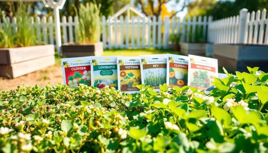 A vibrant and informative image showcasing an array of best cover crop seed mixes for raised beds, with each type of seed distinctly labeled. In the foreground, a close-up view of healthy, lush cover crops like clover, vetch, and rye, showcasing their varied textures and colors. In the middle ground, neatly arranged seed packets with colorful illustrations and informative designs, displaying names and benefits of each type. The background features a sunny, airy garden setting with raised beds framed by a white picket fence, bathed in soft, natural sunlight. A warm, inviting atmosphere suggests a fruitful winter planting strategy, emphasizing growth and sustainability. A vibrant and informative image showcasing an array of best cover crop seed mixes for raised beds, with each type of seed distinctly labeled. In the foreground, a close-up view of healthy, lush cover crops like clover, vetch, and rye, showcasing their varied textures and colors. In the middle ground, neatly arranged seed packets with colorful illustrations and informative designs, displaying names and benefits of each type. The background features a sunny, airy garden setting with raised beds framed by a white picket fence, bathed in soft, natural sunlight. A warm, inviting atmosphere suggests a fruitful winter planting strategy, emphasizing growth and sustainability.