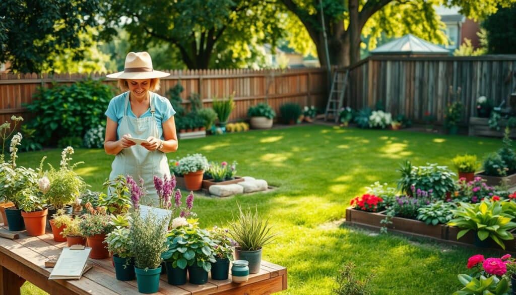 A vibrant and inviting backyard garden scene, showcasing a diverse selection of plants suitable for beginners. In the foreground, a wooden garden table displays an array of potted plants like herbs, flowering perennials, and colorful annuals. A gardener, dressed in casual clothing with a sun hat, examines plant tags, embodying the spirit of learning. In the middle ground, a lush green lawn gently slopes towards garden beds arranged with various plants, showcasing their vibrant colors and textures. The background features a wooden fence and a few towering trees, all illuminated by soft, diffused sunlight filtering through leaves, creating a warm and inviting atmosphere. The overall mood is inspiring and educational, ideal for someone starting their gardening journey. A vibrant and inviting backyard garden scene, showcasing a diverse selection of plants suitable for beginners. In the foreground, a wooden garden table displays an array of potted plants like herbs, flowering perennials, and colorful annuals. A gardener, dressed in casual clothing with a sun hat, examines plant tags, embodying the spirit of learning. In the middle ground, a lush green lawn gently slopes towards garden beds arranged with various plants, showcasing their vibrant colors and textures. The background features a wooden fence and a few towering trees, all illuminated by soft, diffused sunlight filtering through leaves, creating a warm and inviting atmosphere. The overall mood is inspiring and educational, ideal for someone starting their gardening journey.