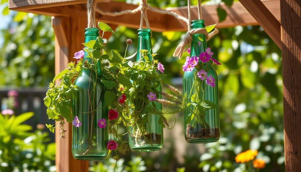 A vibrant and inviting scene of hanging bottle planters crafted from repurposed glass bottles, suspended from a rustic wooden frame in a sunny garden. In the foreground, colorful herbs and flowers spill from the bottles, showcasing lush greenery and delicate blooms. The middle ground features the wooden structure adorned with twine, harmonizing with the natural elements. In the background, there are hints of a sunny garden, with soft sunlight filtering through leaves, casting gentle shadows. The atmosphere is bright, refreshing, and cheerful, evoking a sense of creativity and sustainability. The image is well-lit, showcasing the textures of the glass and wood against a backdrop of verdant foliage, captured from a slightly upward angle to emphasize the height of the planters. A vibrant and inviting scene of hanging bottle planters crafted from repurposed glass bottles, suspended from a rustic wooden frame in a sunny garden. In the foreground, colorful herbs and flowers spill from the bottles, showcasing lush greenery and delicate blooms. The middle ground features the wooden structure adorned with twine, harmonizing with the natural elements. In the background, there are hints of a sunny garden, with soft sunlight filtering through leaves, casting gentle shadows. The atmosphere is bright, refreshing, and cheerful, evoking a sense of creativity and sustainability. The image is well-lit, showcasing the textures of the glass and wood against a backdrop of verdant foliage, captured from a slightly upward angle to emphasize the height of the planters.