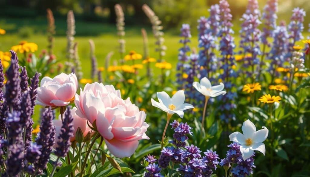 A vibrant and lush garden scene showcasing a variety of the best fragrant perennials in full bloom. In the foreground, there are clusters of blooming lavender with rich purple hues, sweet-smelling peonies in soft pink, and elegant white gardenias, each emitting an aura of freshness. The middle ground features tall sprigs of catmint with their delicate blue flowers, interspersed with bright yellow coreopsis. In the background, a serene green landscape bathed in soft sunlight creates a calm atmosphere, highlighting the detail in leaf textures. The scene captures a warm, inviting mood, suggesting a sanctuary filled with enchanting scents. The composition should utilize natural lighting to emphasize the vivid colors, with a slightly shallow depth of field to create a dreamy effect.