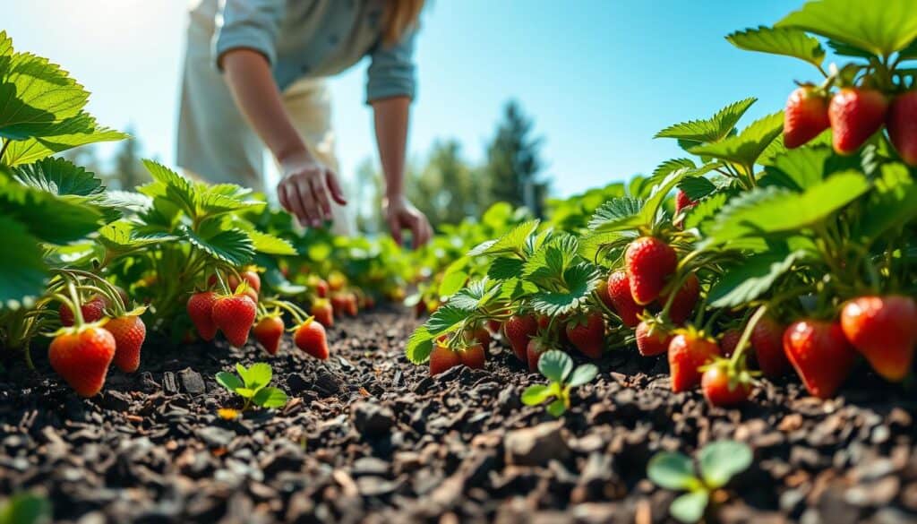 A vibrant and lush raised garden bed filled with healthy strawberry plants, showcasing ripe, red strawberries ready for harvest. In the foreground, a layer of dark, rich mulch surrounds the base of the plants, helping with weed control and moisture retention, with some small wildflowers peeking through. The middle ground features a gardener, dressed in modest casual clothing, gently tending to the strawberries, their hands brushed with soil, capturing the essence of care and attention. In the background, a bright blue sky filters soft sunlight onto the garden, illuminating the scene and creating a warm, inviting atmosphere. The overall mood conveys a sense of peaceful productivity and the joy of cultivating fresh produce. A vibrant and lush raised garden bed filled with healthy strawberry plants, showcasing ripe, red strawberries ready for harvest. In the foreground, a layer of dark, rich mulch surrounds the base of the plants, helping with weed control and moisture retention, with some small wildflowers peeking through. The middle ground features a gardener, dressed in modest casual clothing, gently tending to the strawberries, their hands brushed with soil, capturing the essence of care and attention. In the background, a bright blue sky filters soft sunlight onto the garden, illuminating the scene and creating a warm, inviting atmosphere. The overall mood conveys a sense of peaceful productivity and the joy of cultivating fresh produce.