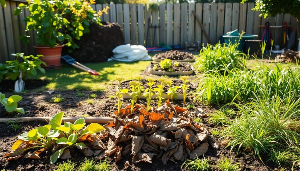A vibrant backyard garden scene depicting common mistakes made by beginner gardeners. In the foreground, illustrate a small patch of wilting plants due to overwatering, alongside a pile of dead leaves indicating poor garden maintenance. The middle ground features improperly spaced seedlings struggling for sunlight, contrasting with a patch of weeds overtaking a garden bed. In the background, include a compost pile that is too close to the plants, and a tangle of garden tools scattered around. The scene is bathed in soft, natural sunlight, creating a warm and inviting atmosphere, highlighting the beauty of gardening despite the mistakes. Capture this from a slightly elevated angle to encompass the entire layout, enhancing clarity and detail. A vibrant backyard garden scene depicting common mistakes made by beginner gardeners. In the foreground, illustrate a small patch of wilting plants due to overwatering, alongside a pile of dead leaves indicating poor garden maintenance. The middle ground features improperly spaced seedlings struggling for sunlight, contrasting with a patch of weeds overtaking a garden bed. In the background, include a compost pile that is too close to the plants, and a tangle of garden tools scattered around. The scene is bathed in soft, natural sunlight, creating a warm and inviting atmosphere, highlighting the beauty of gardening despite the mistakes. Capture this from a slightly elevated angle to encompass the entire layout, enhancing clarity and detail.
