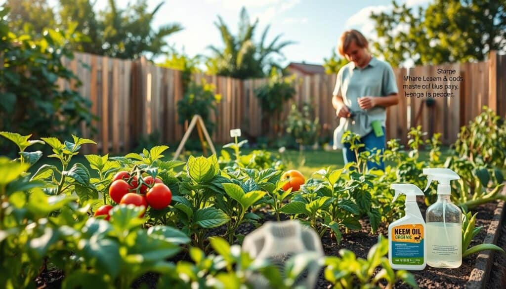 A vibrant backyard garden scene illustrating effective pest control strategies. In the foreground, a well-tended vegetable patch with lush green plants and colorful vegetables like tomatoes and bell peppers, bordered by a natural wooden fence. Middle ground features a gardener in modest casual clothing, thoughtfully inspecting closely placed traps and organic sprays, strategizing to fend off pests. The background reveals a sunny sky with soft sunlight illuminating the garden, casting gentle shadows, and creating a warm, inviting atmosphere. Additional details like neem oil spray bottles and small mesh covers over young plants ensure a comprehensive view of pest management. The overall mood is one of care and proactive planning, promoting an enjoyable gardening experience. A vibrant backyard garden scene illustrating effective pest control strategies. In the foreground, a well-tended vegetable patch with lush green plants and colorful vegetables like tomatoes and bell peppers, bordered by a natural wooden fence. Middle ground features a gardener in modest casual clothing, thoughtfully inspecting closely placed traps and organic sprays, strategizing to fend off pests. The background reveals a sunny sky with soft sunlight illuminating the garden, casting gentle shadows, and creating a warm, inviting atmosphere. Additional details like neem oil spray bottles and small mesh covers over young plants ensure a comprehensive view of pest management. The overall mood is one of care and proactive planning, promoting an enjoyable gardening experience.