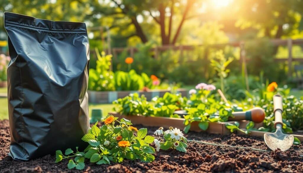 A vibrant backyard garden scene showcasing the best fertilizers and soil amendments for healthy plant growth. In the foreground, a dark brown bag of organic fertilizer sits open, with rich soil and a scattering of vibrant green herbs and colorful flowers around it, highlighting their lushness. In the middle ground, a variety of garden tools like a trowel and gloves are neatly arranged beside a garden bed filled with thriving vegetables, demonstrating proper fertilizer use. In the background, a sunny day illuminates the scene with soft sunlight filtering through leafy trees, creating a warm and inviting atmosphere. The image emphasizes natural beauty and promotes a sense of tranquility, encouraging readers to appreciate the benefits of proper gardening practices. A vibrant backyard garden scene showcasing the best fertilizers and soil amendments for healthy plant growth. In the foreground, a dark brown bag of organic fertilizer sits open, with rich soil and a scattering of vibrant green herbs and colorful flowers around it, highlighting their lushness. In the middle ground, a variety of garden tools like a trowel and gloves are neatly arranged beside a garden bed filled with thriving vegetables, demonstrating proper fertilizer use. In the background, a sunny day illuminates the scene with soft sunlight filtering through leafy trees, creating a warm and inviting atmosphere. The image emphasizes natural beauty and promotes a sense of tranquility, encouraging readers to appreciate the benefits of proper gardening practices.