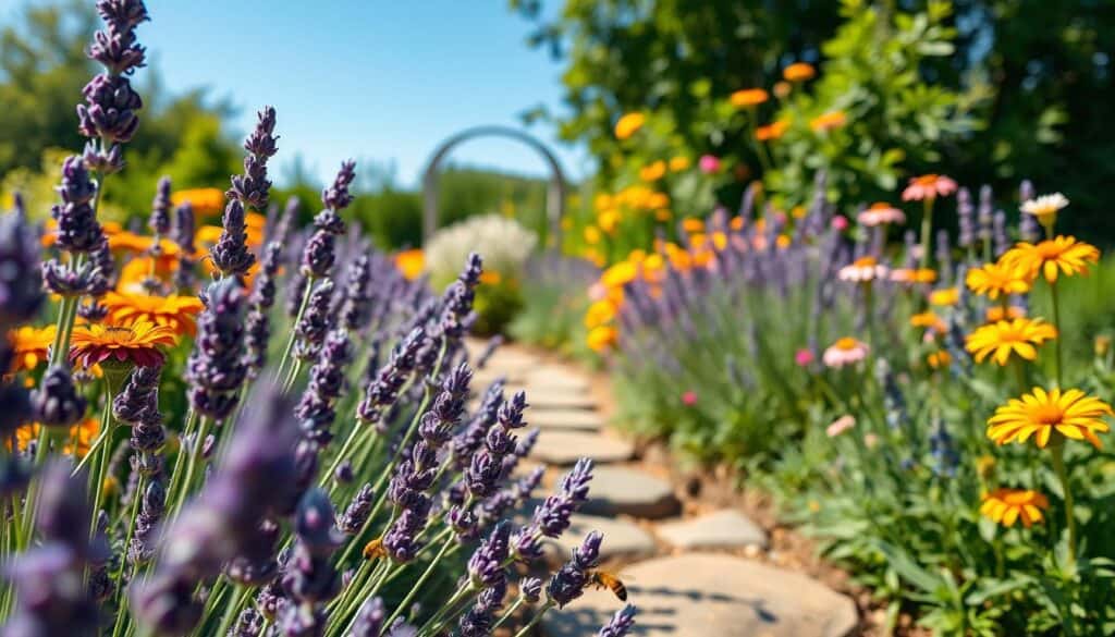 A vibrant border garden featuring lavender plants in full bloom, surrounded by a variety of pollinator-friendly companion plants like echinacea, bee balm, and marigolds. In the foreground, bees buzzing around the lavender, capturing the life of the garden. The middle ground reveals a well-maintained stone pathway winding through the colorful plants, inviting the viewer's gaze. The background showcases a soft focus of a sunny blue sky and gentle green foliage, indicating a tranquil garden setting. Natural sunlight casts warm, soft shadows, creating a bright and airy atmosphere. The composition is shot from a low angle, enhancing the height and beauty of the plants while evoking a sense of immersion within the garden. A vibrant border garden featuring lavender plants in full bloom, surrounded by a variety of pollinator-friendly companion plants like echinacea, bee balm, and marigolds. In the foreground, bees buzzing around the lavender, capturing the life of the garden. The middle ground reveals a well-maintained stone pathway winding through the colorful plants, inviting the viewer's gaze. The background showcases a soft focus of a sunny blue sky and gentle green foliage, indicating a tranquil garden setting. Natural sunlight casts warm, soft shadows, creating a bright and airy atmosphere. The composition is shot from a low angle, enhancing the height and beauty of the plants while evoking a sense of immersion within the garden.