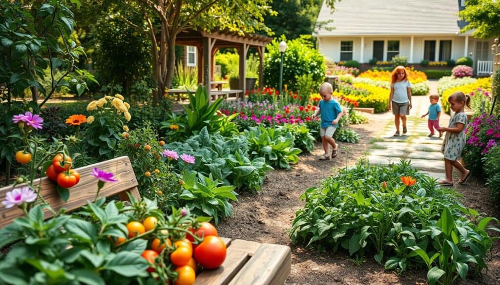A vibrant community and family-friendly garden filled with native plants and vegetables, showcasing neatly arranged rows of colorful produce such as tomatoes, peppers, and leafy greens. In the foreground, a welcoming wooden bench surrounded by flowering pollinator plants invites families to gather. The middle ground features a well-tended vegetable patch with various edible herbs, while children play nearby, dressed in modest casual clothing. The background shows a charming suburban home with colorful flowers lining the pathway, under soft, bright natural light that creates an airy and lively atmosphere. The composition captures a warm, inviting moment in a flourishing garden, highlighting both beauty and practicality. A vibrant community and family-friendly garden filled with native plants and vegetables, showcasing neatly arranged rows of colorful produce such as tomatoes, peppers, and leafy greens. In the foreground, a welcoming wooden bench surrounded by flowering pollinator plants invites families to gather. The middle ground features a well-tended vegetable patch with various edible herbs, while children play nearby, dressed in modest casual clothing. The background shows a charming suburban home with colorful flowers lining the pathway, under soft, bright natural light that creates an airy and lively atmosphere. The composition captures a warm, inviting moment in a flourishing garden, highlighting both beauty and practicality.