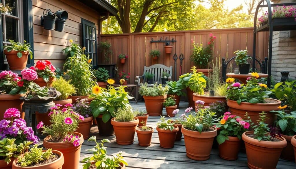 A vibrant container garden bursting with life, showcasing a variety of colorful potted plants arranged on a charming wooden patio. In the foreground, there are terracotta pots filled with blooming flowers, herbs, and lush greenery, each displaying a distinct array of colors. The middle ground features a well-organized layout of larger planters and decorative elements, like a small wooden bench and garden tools, creating a cozy atmosphere. In the background, soft sunlight filters through leafy trees, casting gentle shadows and highlighting the rich textures of the wood and foliage. The overall mood is warm and inviting, suggesting a peaceful retreat. The image is captured with a wide-angle lens to emphasize the depth and spaciousness of the small garden space. A vibrant container garden bursting with life, showcasing a variety of colorful potted plants arranged on a charming wooden patio. In the foreground, there are terracotta pots filled with blooming flowers, herbs, and lush greenery, each displaying a distinct array of colors. The middle ground features a well-organized layout of larger planters and decorative elements, like a small wooden bench and garden tools, creating a cozy atmosphere. In the background, soft sunlight filters through leafy trees, casting gentle shadows and highlighting the rich textures of the wood and foliage. The overall mood is warm and inviting, suggesting a peaceful retreat. The image is captured with a wide-angle lens to emphasize the depth and spaciousness of the small garden space.
