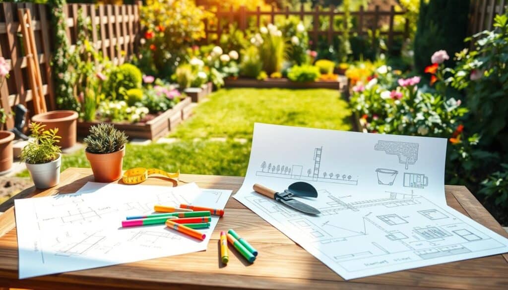 A vibrant, detailed backyard garden layout plan in a sunny outdoor setting. In the foreground, a wooden garden planner table with sketches and colorful markers sits invitingly. A potted plant and measuring tape are nearby. In the middle ground, an organized layout of garden beds, pathways, and flower patches illustrated on paper, with a few gardening tools like a trowel and gloves for effect. In the background, a picturesque garden with various plants and flowers under soft, natural sunlight. The scene conveys a sense of planning and creativity, with an open, airy feel. Capture this from a slightly elevated angle for depth, ensuring bright, warm lighting enhances the inviting atmosphere. A vibrant, detailed backyard garden layout plan in a sunny outdoor setting. In the foreground, a wooden garden planner table with sketches and colorful markers sits invitingly. A potted plant and measuring tape are nearby. In the middle ground, an organized layout of garden beds, pathways, and flower patches illustrated on paper, with a few gardening tools like a trowel and gloves for effect. In the background, a picturesque garden with various plants and flowers under soft, natural sunlight. The scene conveys a sense of planning and creativity, with an open, airy feel. Capture this from a slightly elevated angle for depth, ensuring bright, warm lighting enhances the inviting atmosphere.