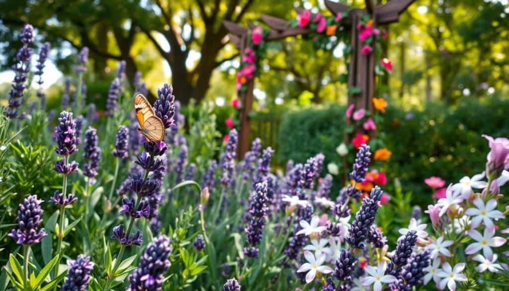 A vibrant garden filled with various fragrant plants, showcasing a close-up view of blooming lavender, aromatic rosemary, and colorful jasmine intertwined among lush green leaves. The foreground features a delicate butterfly resting on a lavender flower, while the middle ground highlights a rustic wooden trellis entwined with fragrant climbing vines. In the background, soft sunlight filters through a canopy of mature trees, casting dappled light across the scene, creating a warm and inviting atmosphere. Subtle details like dew drops glistening on petals add a sense of freshness. The overall mood is serene and refreshing, evoking the sensory appeal of a fragrant garden that invites one to explore its scents.