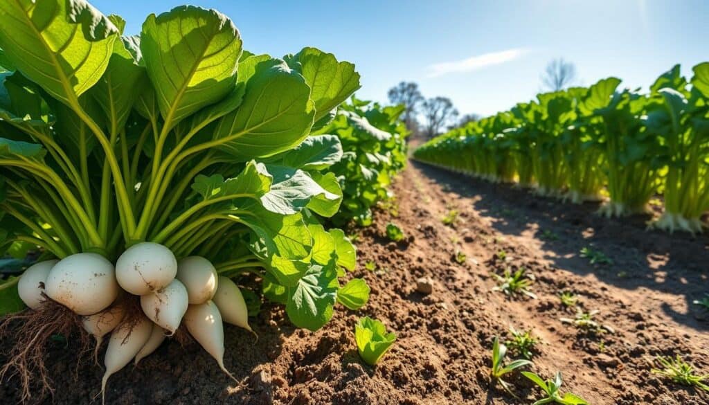 A vibrant garden scene featuring a healthy patch of daikon radish cover crops, showcasing their large, leafy green tops and thick white roots. In the foreground, a cluster of freshly harvested radishes, with soil clinging to their roots, adds a sense of vitality. In the middle ground, rows of lush daikon plants stretch across a raised bed, emphasizing their deep-rooted structure beneficial for soil aeration. The background reveals a bright, sunlit garden under a blue sky, with soft sunlight filtering through the leaves, casting gentle shadows. The atmosphere is serene and productive, evoking the beauty of organic gardening in winter. Shot with a wide-angle lens to capture the expansive view, with a focus on the richness of the plants. A vibrant garden scene featuring a healthy patch of daikon radish cover crops, showcasing their large, leafy green tops and thick white roots. In the foreground, a cluster of freshly harvested radishes, with soil clinging to their roots, adds a sense of vitality. In the middle ground, rows of lush daikon plants stretch across a raised bed, emphasizing their deep-rooted structure beneficial for soil aeration. The background reveals a bright, sunlit garden under a blue sky, with soft sunlight filtering through the leaves, casting gentle shadows. The atmosphere is serene and productive, evoking the beauty of organic gardening in winter. Shot with a wide-angle lens to capture the expansive view, with a focus on the richness of the plants.