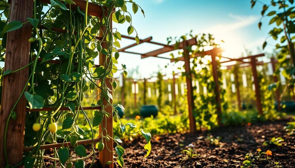 A vibrant garden scene featuring a wooden vegetable trellis, covered with lush climbing plants such as peas and beans. In the foreground, the trellis showcases a variety of green tendrils winding gracefully around its structure, with a few bright vegetables peeking through. The middle ground reveals rich soil, speckled with small colorful flowers, enhancing the garden's charm. In the background, a clear blue sky filters through soft, warm sunlight, casting gentle shadows that evoke a serene, productive atmosphere. The composition utilizes a slightly elevated angle to highlight the vertical design and depth of the garden. The overall mood is inviting and inspiring, perfect for showcasing creative vertical gardening solutions. A vibrant garden scene featuring a wooden vegetable trellis, covered with lush climbing plants such as peas and beans. In the foreground, the trellis showcases a variety of green tendrils winding gracefully around its structure, with a few bright vegetables peeking through. The middle ground reveals rich soil, speckled with small colorful flowers, enhancing the garden's charm. In the background, a clear blue sky filters through soft, warm sunlight, casting gentle shadows that evoke a serene, productive atmosphere. The composition utilizes a slightly elevated angle to highlight the vertical design and depth of the garden. The overall mood is inviting and inspiring, perfect for showcasing creative vertical gardening solutions.