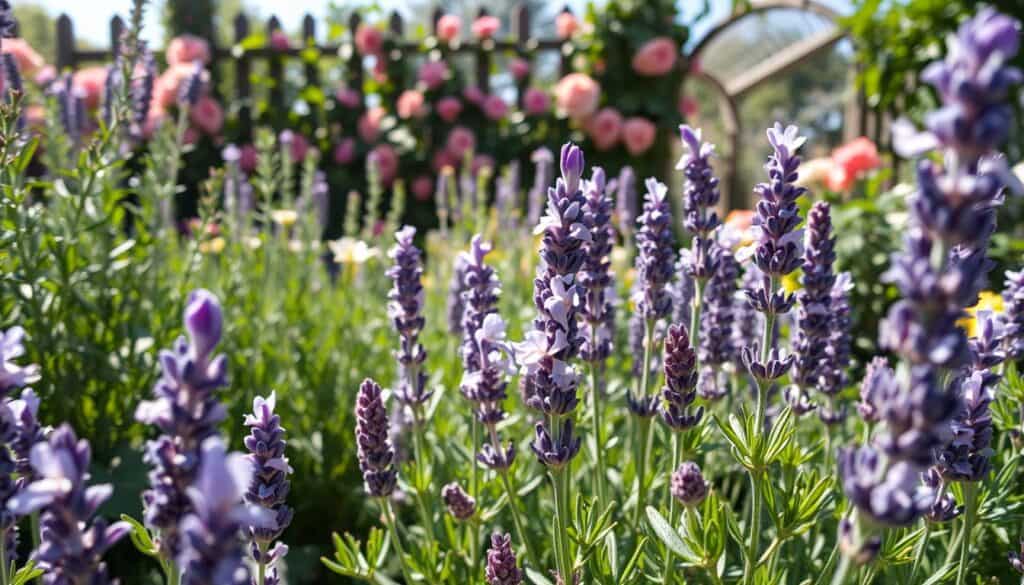 A vibrant garden scene featuring an array of fragrant plants, including lavender, rosemary, and jasmine, each displaying rich colors and lush textures. In the foreground, blooming lavender with delicate, violet flowers and soft green foliage exudes a calming vibe. The middle ground reveals a variety of herbs and aromatic plants, wet from morning dew, with their leaves glistening under soft sunlight. In the background, a blurred fence and trellis entwined with climbing roses create a cozy garden atmosphere. The overall lighting is bright and natural, emphasizing the fresh and uplifting mood of the environment. The angle captures a close-up view to highlight the intricate details of the petals and leaves, inviting the viewer to appreciate the beauty of fragrant garden plants.