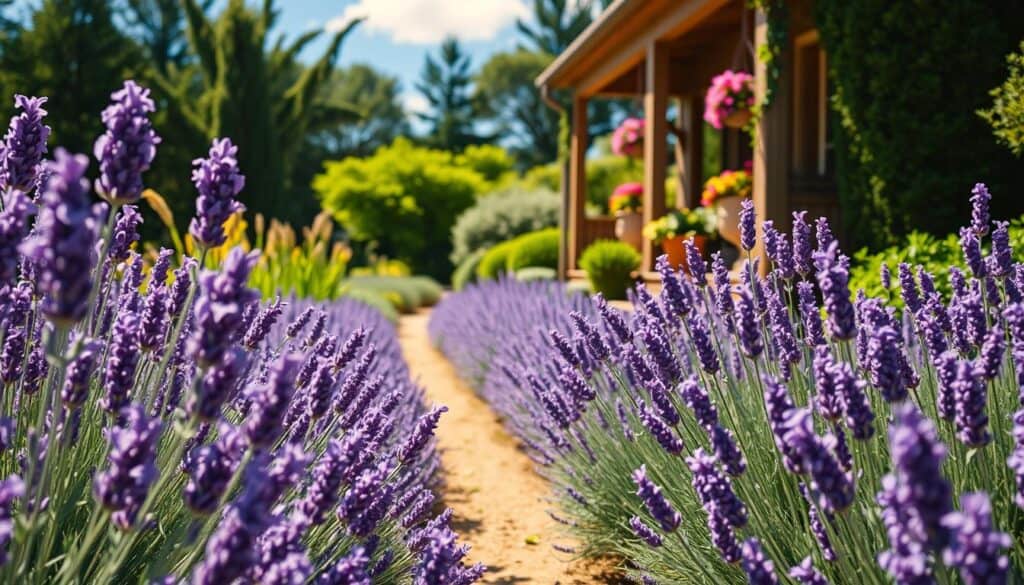 A vibrant garden scene featuring lush lavender plants neatly arranged as a border along a sunlit walkway. In the foreground, clusters of blooming purple lavender create a striking visual with their delicate blossoms swaying gently in a soft breeze. The middle ground showcases a well-manicured pathway, flanked by the lavender, leading to a charming wooden porch adorned with potted flowers. In the background, lush greenery and a clear blue sky enhance the tranquil atmosphere. The lighting is warm and inviting, with soft sunlight filtering through the leaves, casting gentle shadows and highlighting the rich colors of the flowers. The overall mood is serene and refreshing, perfect for illustrating the beauty and aromatic appeal of using lavender as a border plant. A vibrant garden scene featuring lush lavender plants neatly arranged as a border along a sunlit walkway. In the foreground, clusters of blooming purple lavender create a striking visual with their delicate blossoms swaying gently in a soft breeze. The middle ground showcases a well-manicured pathway, flanked by the lavender, leading to a charming wooden porch adorned with potted flowers. In the background, lush greenery and a clear blue sky enhance the tranquil atmosphere. The lighting is warm and inviting, with soft sunlight filtering through the leaves, casting gentle shadows and highlighting the rich colors of the flowers. The overall mood is serene and refreshing, perfect for illustrating the beauty and aromatic appeal of using lavender as a border plant.