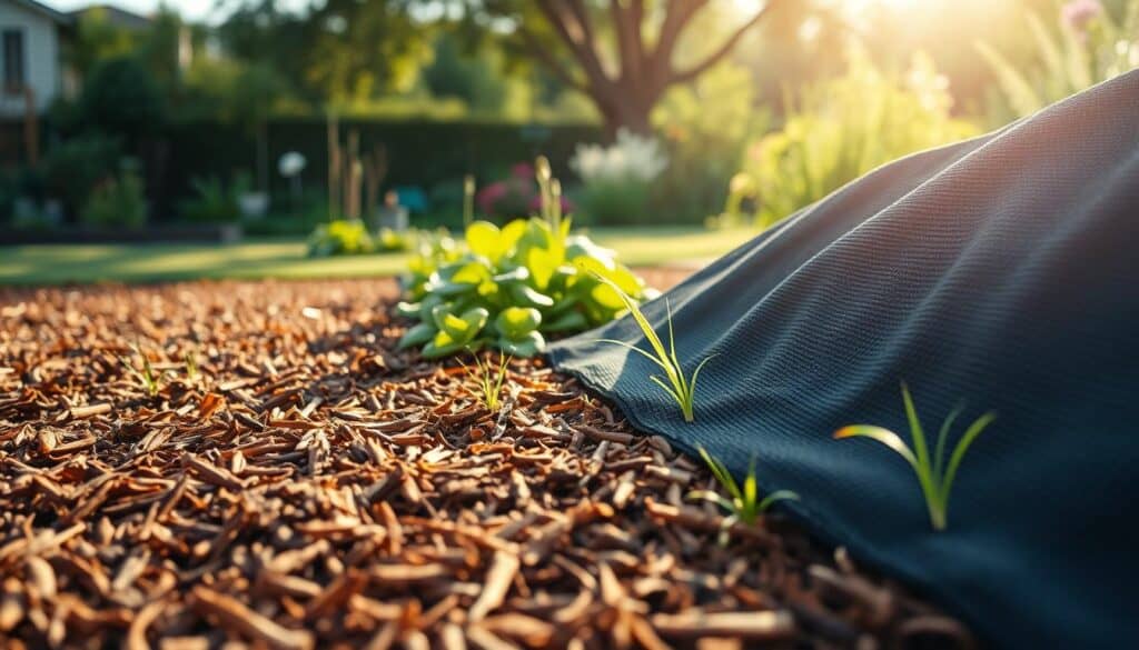 A vibrant garden scene illustrating a comparison between landscape fabric and mulch used for weed control. In the foreground, a section of rich brown mulch is meticulously laid out, contrasting with an adjacent area covered in textured black landscape fabric. In the middle ground, healthy plants thrive, showcasing the effectiveness of both methods, while a few visible weeds peek through the fabric. The background features a softly blurred garden with sunlight filtering through trees, creating a warm, inviting atmosphere. The scene is illuminated by bright, natural light, enhancing the textures of the mulch and fabric, shot from a slightly elevated angle to provide a comprehensive view. The mood is tranquil and harmonious, highlighting the beauty of effective garden management. A vibrant garden scene illustrating a comparison between landscape fabric and mulch used for weed control. In the foreground, a section of rich brown mulch is meticulously laid out, contrasting with an adjacent area covered in textured black landscape fabric. In the middle ground, healthy plants thrive, showcasing the effectiveness of both methods, while a few visible weeds peek through the fabric. The background features a softly blurred garden with sunlight filtering through trees, creating a warm, inviting atmosphere. The scene is illuminated by bright, natural light, enhancing the textures of the mulch and fabric, shot from a slightly elevated angle to provide a comprehensive view. The mood is tranquil and harmonious, highlighting the beauty of effective garden management.