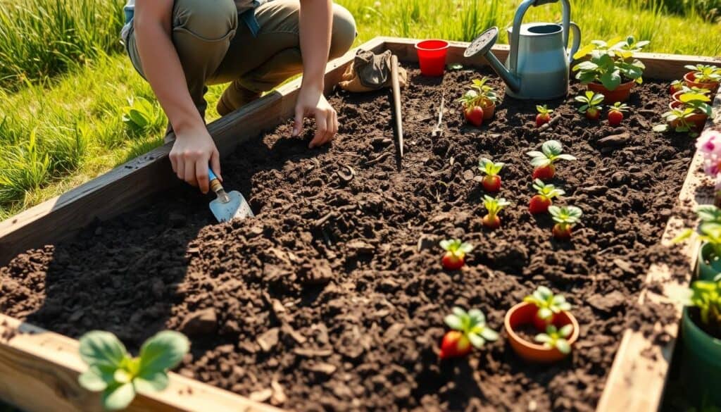 A vibrant garden scene showcasing the preparation of an ideal soil environment for growing strawberries in a raised bed. In the foreground, a gardener, dressed in modest casual clothing, is kneeling beside a well-structured raised bed filled with rich, dark soil, mixing in organic compost and mulch. Bright natural light bathes the scene, highlighting the texture of the soil and the lush greenery surrounding the bed. In the middle ground, a variety of gardening tools, like a trowel and watering can, sit nearby, while small potted strawberry plants await planting. The background features a sunny garden, with tall grass and blooming flowers softly blurred to emphasize the focused activity. The mood is cheerful and productive, inviting viewers into the simple joys of gardening. A vibrant garden scene showcasing the preparation of an ideal soil environment for growing strawberries in a raised bed. In the foreground, a gardener, dressed in modest casual clothing, is kneeling beside a well-structured raised bed filled with rich, dark soil, mixing in organic compost and mulch. Bright natural light bathes the scene, highlighting the texture of the soil and the lush greenery surrounding the bed. In the middle ground, a variety of gardening tools, like a trowel and watering can, sit nearby, while small potted strawberry plants await planting. The background features a sunny garden, with tall grass and blooming flowers softly blurred to emphasize the focused activity. The mood is cheerful and productive, inviting viewers into the simple joys of gardening.