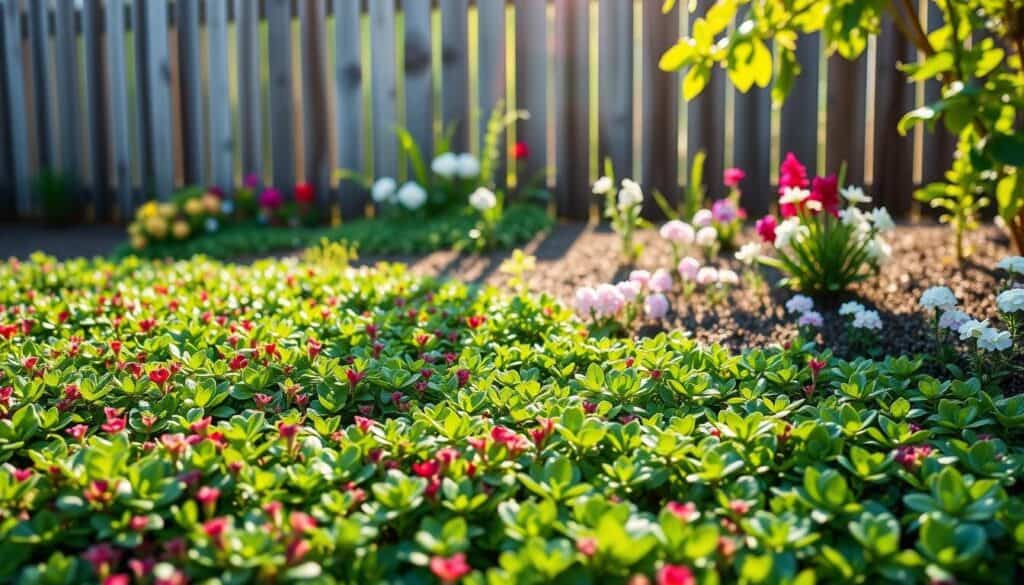 A vibrant garden scene showcasing top perennial ground covers ideal for weed prevention. In the foreground, lush green plants such as creeping thyme, sedum, and ajuga stretch across the soil, their colorful foliage creating a dense carpet effect. In the middle ground, a variety of flowering perennials, like sweet william and creeping phlox, add pops of color, harmonizing with the ground covers. The background features a softly blurred wooden fence and a patch of sun-drenched soil, illuminated by bright, natural light filtering through delicate leaves. The atmosphere feels fresh, rejuvenating, and peaceful, inviting viewers to consider how these plants can enhance their gardens. The composition should be framed from a slightly elevated angle, emphasizing the textures and vibrant colors of the ground covers. A vibrant garden scene showcasing top perennial ground covers ideal for weed prevention. In the foreground, lush green plants such as creeping thyme, sedum, and ajuga stretch across the soil, their colorful foliage creating a dense carpet effect. In the middle ground, a variety of flowering perennials, like sweet william and creeping phlox, add pops of color, harmonizing with the ground covers. The background features a softly blurred wooden fence and a patch of sun-drenched soil, illuminated by bright, natural light filtering through delicate leaves. The atmosphere feels fresh, rejuvenating, and peaceful, inviting viewers to consider how these plants can enhance their gardens. The composition should be framed from a slightly elevated angle, emphasizing the textures and vibrant colors of the ground covers.