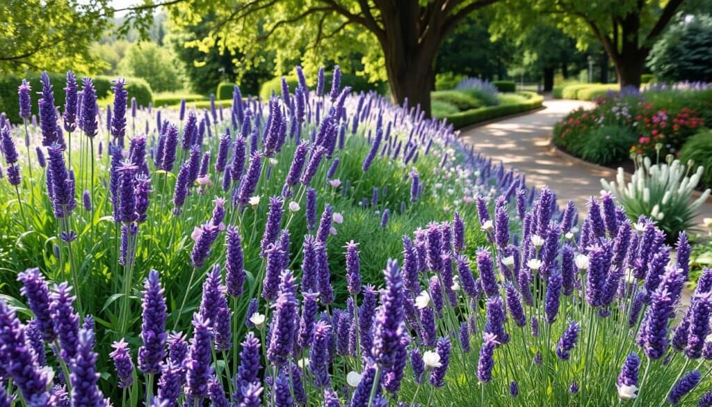 A vibrant garden scene showcasing various lavender varieties planted as a border. In the foreground, clusters of deep purple English Lavender, delicate pink French Lavender, and soft white Lavandin create a harmonious palette. The middle ground features lush green foliage interspersed with flowering plants, adding depth and texture. A soft, dappled sunlight filters through the branches of nearby trees, illuminating the lavender blooms and creating gentle shadows. In the background, a serene garden path winds through the borders, inviting exploration. The atmosphere is tranquil and aromatic, evoking a sense of peace and beauty. The composition should be shot from a slightly elevated angle to capture the full display of colors and textures in a well-lit, airy setting. A vibrant garden scene showcasing various lavender varieties planted as a border. In the foreground, clusters of deep purple English Lavender, delicate pink French Lavender, and soft white Lavandin create a harmonious palette. The middle ground features lush green foliage interspersed with flowering plants, adding depth and texture. A soft, dappled sunlight filters through the branches of nearby trees, illuminating the lavender blooms and creating gentle shadows. In the background, a serene garden path winds through the borders, inviting exploration. The atmosphere is tranquil and aromatic, evoking a sense of peace and beauty. The composition should be shot from a slightly elevated angle to capture the full display of colors and textures in a well-lit, airy setting.