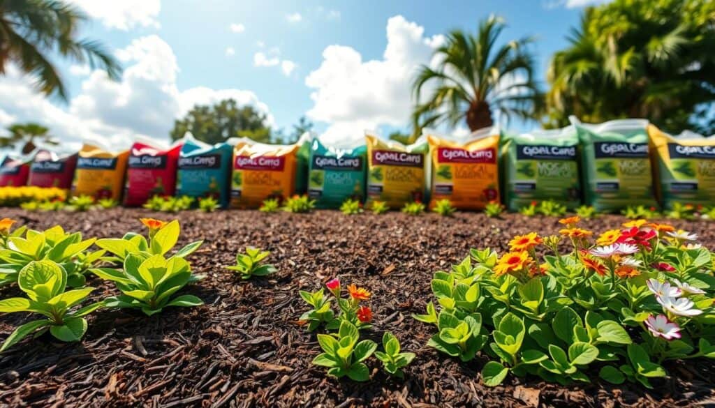 A vibrant landscape showcasing a lush garden bed in Boca Raton, featuring a rich layer of dark brown mulch spread evenly across the soil. In the foreground, vivid green plants and colorful flowering ground cover plants thrive, demonstrating the beauty of well-maintained landscaping. The middle area highlights a neatly organized row of mulch bags, labeled with local gardening brands, suggesting a source for quality materials. The background features a sunny, blue sky with soft, fluffy white clouds, illuminating the scene with bright, natural light that enhances the colors of the plants and mulch. Capture this image with a slightly elevated angle to showcase depth and perspective, evoking a sense of tranquility and inspiration for local gardening enthusiasts. A vibrant landscape showcasing a lush garden bed in Boca Raton, featuring a rich layer of dark brown mulch spread evenly across the soil. In the foreground, vivid green plants and colorful flowering ground cover plants thrive, demonstrating the beauty of well-maintained landscaping. The middle area highlights a neatly organized row of mulch bags, labeled with local gardening brands, suggesting a source for quality materials. The background features a sunny, blue sky with soft, fluffy white clouds, illuminating the scene with bright, natural light that enhances the colors of the plants and mulch. Capture this image with a slightly elevated angle to showcase depth and perspective, evoking a sense of tranquility and inspiration for local gardening enthusiasts.