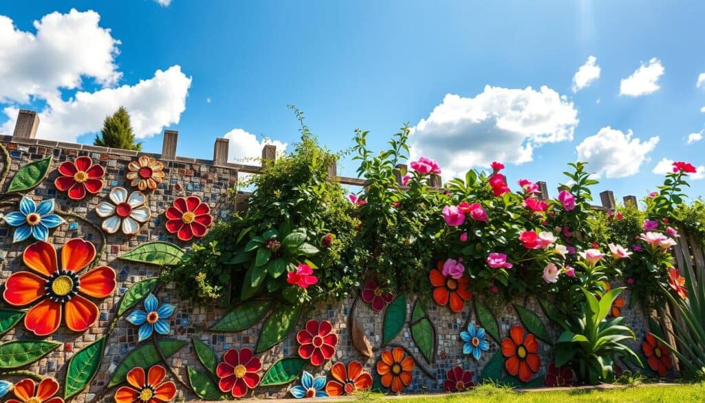 A vibrant mosaic wall art piece designed for a garden fence, featuring colorful glass and ceramic tiles arranged in a flowing pattern of flowers and leaves. In the foreground, the intricate details of the mosaic showcase bright reds, blues, and greens, glimmering softly in the natural sunlight. In the middle, the garden fence supports the artwork, surrounded by lush greenery and blooming plants, creating a harmonious blend of color and nature. The background shows a clear blue sky dotted with fluffy white clouds, allowing soft sunlight to illuminate the scene. Capture this image at a slight angle, highlighting textures and patterns, while evoking a cheerful, inviting atmosphere perfect for outdoor decor. A vibrant mosaic wall art piece designed for a garden fence, featuring colorful glass and ceramic tiles arranged in a flowing pattern of flowers and leaves. In the foreground, the intricate details of the mosaic showcase bright reds, blues, and greens, glimmering softly in the natural sunlight. In the middle, the garden fence supports the artwork, surrounded by lush greenery and blooming plants, creating a harmonious blend of color and nature. The background shows a clear blue sky dotted with fluffy white clouds, allowing soft sunlight to illuminate the scene. Capture this image at a slight angle, highlighting textures and patterns, while evoking a cheerful, inviting atmosphere perfect for outdoor decor.