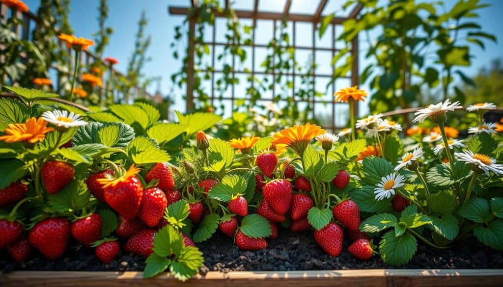 A vibrant raised bed garden filled with lush strawberry plants, their bright red fruits contrasting beautifully with the rich green foliage. Interspersed among the strawberries are companion plants like vibrant marigolds with sunny yellow petals, aromatic basil with lush green leaves, and delicate white blooms of chamomile, creating a harmonious and diverse planting scheme. The scene is bathed in soft, natural morning light, highlighting the dewdrops on the leaves and casting gentle shadows in the soil. In the background, a wooden trellis supports climbing plants, while a sunlit blue sky creates an uplifting atmosphere. The composition captures a peaceful, bountiful garden that emphasizes the benefits of companion planting. A vibrant raised bed garden filled with lush strawberry plants, their bright red fruits contrasting beautifully with the rich green foliage. Interspersed among the strawberries are companion plants like vibrant marigolds with sunny yellow petals, aromatic basil with lush green leaves, and delicate white blooms of chamomile, creating a harmonious and diverse planting scheme. The scene is bathed in soft, natural morning light, highlighting the dewdrops on the leaves and casting gentle shadows in the soil. In the background, a wooden trellis supports climbing plants, while a sunlit blue sky creates an uplifting atmosphere. The composition captures a peaceful, bountiful garden that emphasizes the benefits of companion planting.