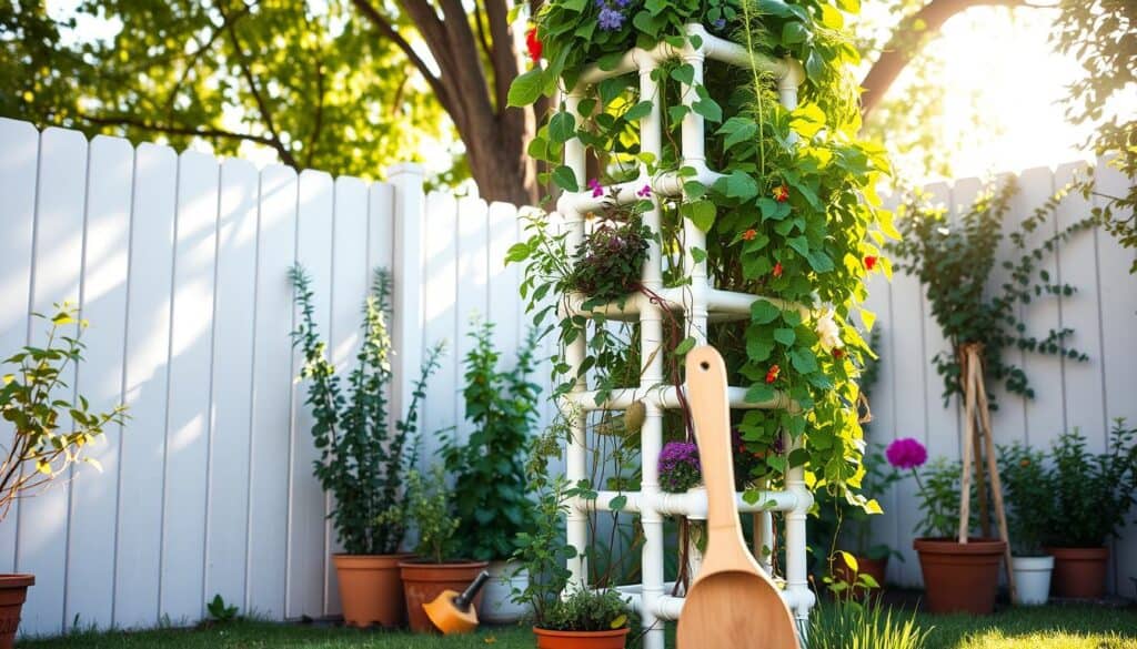 A vibrant, realistic PVC vertical garden tower stands proudly against a light-colored backyard fence. The tower, constructed from white PVC pipes, showcases a variety of lush, green plants cascading from multiple tiers, with ivy, herbs, and colorful flowers sprouting vibrantly. In the foreground, a small wooden gardening tool is partially visible, adding a touch of warmth. The middle ground features a well-maintained garden with a few pots and gardening supplies scattered neatly. Sunlight filters through nearby trees, casting soft, dappled light across the scene, enhancing the freshness of the plants. The atmosphere is cheerful and inviting, perfect for a DIY weekend project, with a slight breeze suggested by the gentle sway of the leaves. Soft focus on the background creates depth, emphasizing the tower as the focal point. A vibrant, realistic PVC vertical garden tower stands proudly against a light-colored backyard fence. The tower, constructed from white PVC pipes, showcases a variety of lush, green plants cascading from multiple tiers, with ivy, herbs, and colorful flowers sprouting vibrantly. In the foreground, a small wooden gardening tool is partially visible, adding a touch of warmth. The middle ground features a well-maintained garden with a few pots and gardening supplies scattered neatly. Sunlight filters through nearby trees, casting soft, dappled light across the scene, enhancing the freshness of the plants. The atmosphere is cheerful and inviting, perfect for a DIY weekend project, with a slight breeze suggested by the gentle sway of the leaves. Soft focus on the background creates depth, emphasizing the tower as the focal point.