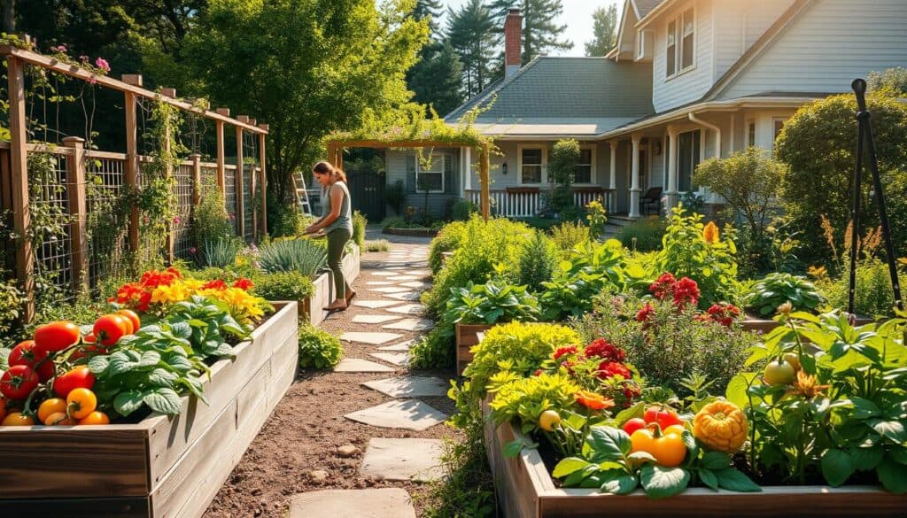 A vibrant, sustainable front yard gardening scene featuring an array of colorful vegetable plants such as tomatoes, peppers, and leafy greens, arranged in well-kept raised beds made of reclaimed wood. In the foreground, a gardener in modest casual clothing tends to the garden, surrounded by blooming flowers and herbs for pollinators. The middle ground showcases trellises with climbing plants, while a decorative stone pathway winds through the garden. The background is filled with a charming, eco-friendly house, framed by lush trees and shrubs, all under soft, bright natural sunlight that creates a warm and inviting atmosphere. The composition emphasizes a harmonious blend of beauty and practicality, ideal for low-maintenance gardening. A vibrant, sustainable front yard gardening scene featuring an array of colorful vegetable plants such as tomatoes, peppers, and leafy greens, arranged in well-kept raised beds made of reclaimed wood. In the foreground, a gardener in modest casual clothing tends to the garden, surrounded by blooming flowers and herbs for pollinators. The middle ground showcases trellises with climbing plants, while a decorative stone pathway winds through the garden. The background is filled with a charming, eco-friendly house, framed by lush trees and shrubs, all under soft, bright natural sunlight that creates a warm and inviting atmosphere. The composition emphasizes a harmonious blend of beauty and practicality, ideal for low-maintenance gardening.