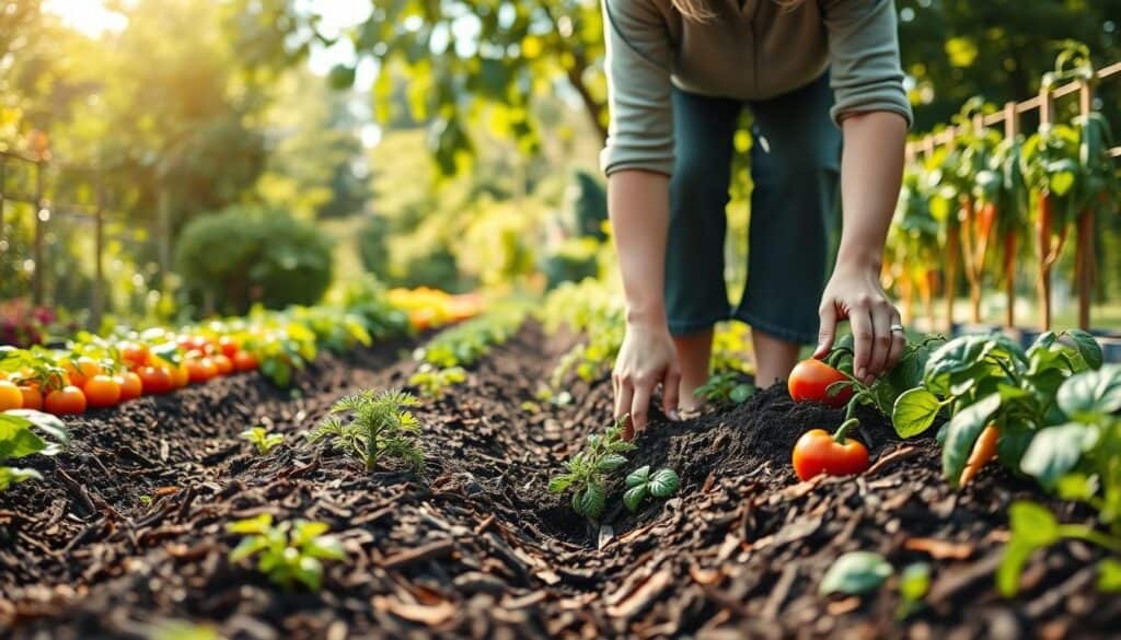 A vibrant vegetable garden in full bloom, showcasing rows of healthy plants such as tomatoes, peppers, and carrots. The foreground features a hands-on gardener, a middle-aged woman in modest casual clothing, gently spreading a layer of rich, dark mulch around the base of the plants to suppress weeds. In the middle ground, colorful, thriving vegetables contrast beautifully with the earthy tones of the mulch. The background features lush greenery and the soft glow of bright, natural sunlight filtering through leaves, creating a warm and inviting atmosphere. The scene captures a sense of productivity and serenity, emphasizing the effective use of mulch in maintaining a healthy garden. Shot with a wide-angle lens at a low angle to showcase the depth of the garden. A vibrant vegetable garden in full bloom, showcasing rows of healthy plants such as tomatoes, peppers, and carrots. The foreground features a hands-on gardener, a middle-aged woman in modest casual clothing, gently spreading a layer of rich, dark mulch around the base of the plants to suppress weeds. In the middle ground, colorful, thriving vegetables contrast beautifully with the earthy tones of the mulch. The background features lush greenery and the soft glow of bright, natural sunlight filtering through leaves, creating a warm and inviting atmosphere. The scene captures a sense of productivity and serenity, emphasizing the effective use of mulch in maintaining a healthy garden. Shot with a wide-angle lens at a low angle to showcase the depth of the garden.