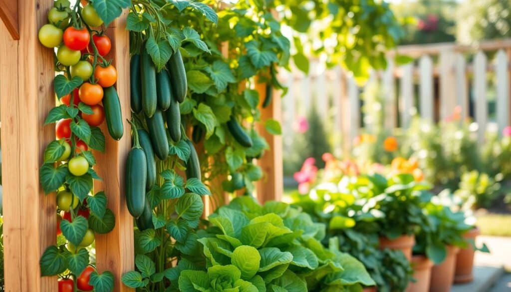 A vibrant vertical garden brimming with lush vegetables, prominently featuring climbing varieties like tomatoes, cucumbers, and pole beans. In the foreground, a sturdy wooden trellis supports the climbing plants, illustrating DIY gardening ideas. The middle ground reveals a selection of bright green leafy vegetables like lettuce and spinach nestled in pots, cascading down to create a layered effect. The background showcases a sunny, softly lit outdoor setting, with a blurred garden fence and hints of colorful flowers for a cheerful touch. The scene is bathed in warm, natural sunlight, creating an inviting and serene atmosphere, emphasizing the joy of home gardening. A vibrant vertical garden brimming with lush vegetables, prominently featuring climbing varieties like tomatoes, cucumbers, and pole beans. In the foreground, a sturdy wooden trellis supports the climbing plants, illustrating DIY gardening ideas. The middle ground reveals a selection of bright green leafy vegetables like lettuce and spinach nestled in pots, cascading down to create a layered effect. The background showcases a sunny, softly lit outdoor setting, with a blurred garden fence and hints of colorful flowers for a cheerful touch. The scene is bathed in warm, natural sunlight, creating an inviting and serene atmosphere, emphasizing the joy of home gardening.