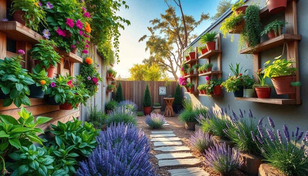 A vibrant vertical gardening layout in a backyard setting showcases an array of lush plants and flowers, utilizing wall-mounted planters and hanging pots. In the foreground, colorful herbs and flowers spill out of wooden trellises, while tiered shelves support cascading greenery. The middle section features neatly defined pathways made from natural stones, bordered by fragrant lavender and small shrubs. The background includes a clear blue sky and soft sunlight pouring through the leaves, casting gentle shadows on the ground. The atmosphere is lively and inviting, ideal for a functional garden space, encouraging creativity in gardening design. The overall composition emphasizes harmony between plants and pathways, all captured as if from an eye-level angle for an engaging perspective. A vibrant vertical gardening layout in a backyard setting showcases an array of lush plants and flowers, utilizing wall-mounted planters and hanging pots. In the foreground, colorful herbs and flowers spill out of wooden trellises, while tiered shelves support cascading greenery. The middle section features neatly defined pathways made from natural stones, bordered by fragrant lavender and small shrubs. The background includes a clear blue sky and soft sunlight pouring through the leaves, casting gentle shadows on the ground. The atmosphere is lively and inviting, ideal for a functional garden space, encouraging creativity in gardening design. The overall composition emphasizes harmony between plants and pathways, all captured as if from an eye-level angle for an engaging perspective.