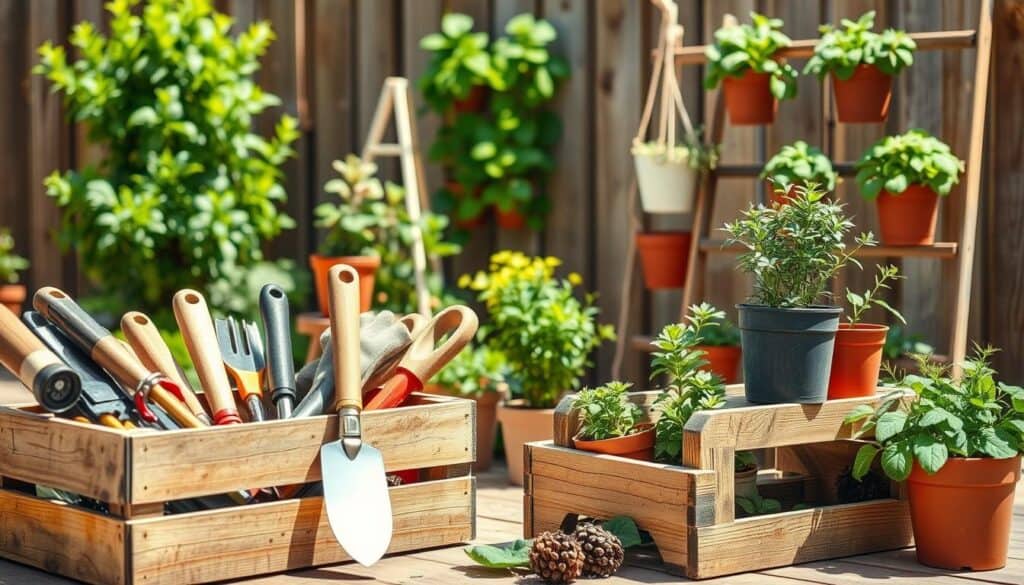 A visually engaging composition showcasing essential tools and materials for budget-friendly vertical gardening solutions. In the foreground, display a wooden gardening crate filled with hand tools like a trowel, pruners, and gloves. In the middle ground, arrange potted plants, some in tiered wooden structures and others hanging from a simple trellis made of reclaimed wood. In the background, include a sunny garden setting with vibrant greenery and vertical planters against a wooden fence. Utilize soft, natural sunlight to create a warm and inviting atmosphere. Capture this scene from a slightly elevated angle to emphasize depth and the arrangement of tools, inspiring a sense of creativity and resourcefulness in budget vertical gardening. A visually engaging composition showcasing essential tools and materials for budget-friendly vertical gardening solutions. In the foreground, display a wooden gardening crate filled with hand tools like a trowel, pruners, and gloves. In the middle ground, arrange potted plants, some in tiered wooden structures and others hanging from a simple trellis made of reclaimed wood. In the background, include a sunny garden setting with vibrant greenery and vertical planters against a wooden fence. Utilize soft, natural sunlight to create a warm and inviting atmosphere. Capture this scene from a slightly elevated angle to emphasize depth and the arrangement of tools, inspiring a sense of creativity and resourcefulness in budget vertical gardening.