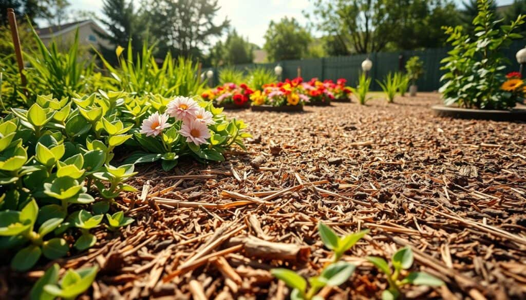 A well-maintained garden scene illustrating the effective use of mulch and ground cover. In the foreground, lush green ground cover plants cover the soil, interspersed with wood chips and straw mulch, creating a textured look. In the middle ground, vibrant flower beds showcase blooming plants, emphasizing the beauty of a weed-free garden. The background features a sunny sky with soft, diffused sunlight filtering through, casting gentle shadows that highlight the layers of foliage and mulch. An inviting atmosphere suggests tranquility and ease, reflecting the benefits of reduced weeding time. The composition is well-balanced, captured with a wide-angle lens to emphasize depth, ensuring a clear view of the garden's layering and organization. The overall mood is bright, fresh, and encouraging, perfect for showcasing gardening techniques. A well-maintained garden scene illustrating the effective use of mulch and ground cover. In the foreground, lush green ground cover plants cover the soil, interspersed with wood chips and straw mulch, creating a textured look. In the middle ground, vibrant flower beds showcase blooming plants, emphasizing the beauty of a weed-free garden. The background features a sunny sky with soft, diffused sunlight filtering through, casting gentle shadows that highlight the layers of foliage and mulch. An inviting atmosphere suggests tranquility and ease, reflecting the benefits of reduced weeding time. The composition is well-balanced, captured with a wide-angle lens to emphasize depth, ensuring a clear view of the garden's layering and organization. The overall mood is bright, fresh, and encouraging, perfect for showcasing gardening techniques.