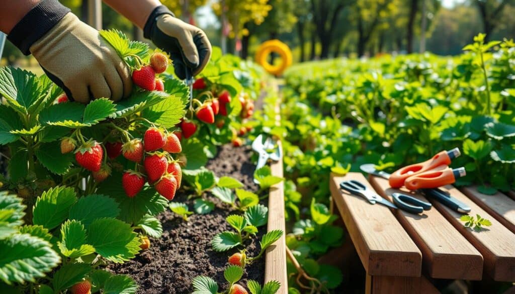 A well-maintained raised bed garden filled with lush strawberry plants ready for pruning. In the foreground, a pair of hands wearing gardening gloves carefully trimming the runners of vibrant green strawberry plants adorned with ripe, red strawberries. In the middle ground, various gardening tools like scissors and small trowels are placed neatly on a wooden garden bench, alongside bright green foliage. The background features a serene garden setting with soft sunlight filtering through trees, creating a warm and inviting atmosphere. The scene should evoke a sense of care and dedication, showcasing the essential maintenance required for productive strawberry plants, captured in bright, natural light with a focus on vivid colors and textures. A well-maintained raised bed garden filled with lush strawberry plants ready for pruning. In the foreground, a pair of hands wearing gardening gloves carefully trimming the runners of vibrant green strawberry plants adorned with ripe, red strawberries. In the middle ground, various gardening tools like scissors and small trowels are placed neatly on a wooden garden bench, alongside bright green foliage. The background features a serene garden setting with soft sunlight filtering through trees, creating a warm and inviting atmosphere. The scene should evoke a sense of care and dedication, showcasing the essential maintenance required for productive strawberry plants, captured in bright, natural light with a focus on vivid colors and textures.